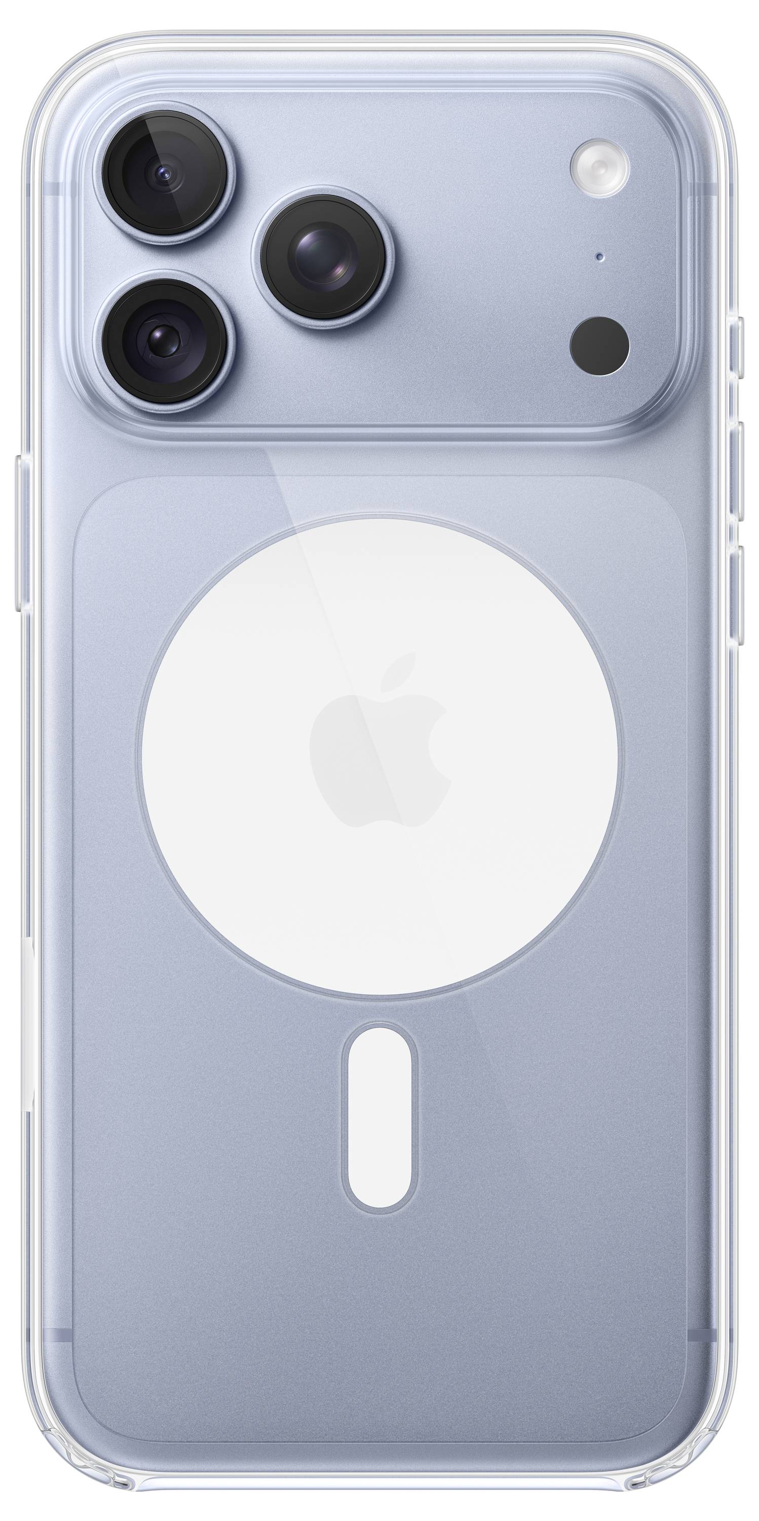 Vue arrière d'un iPhone bleu clair avec trois caméras, un flash et un grand cercle MagSafe blanc centré à l'arrière.