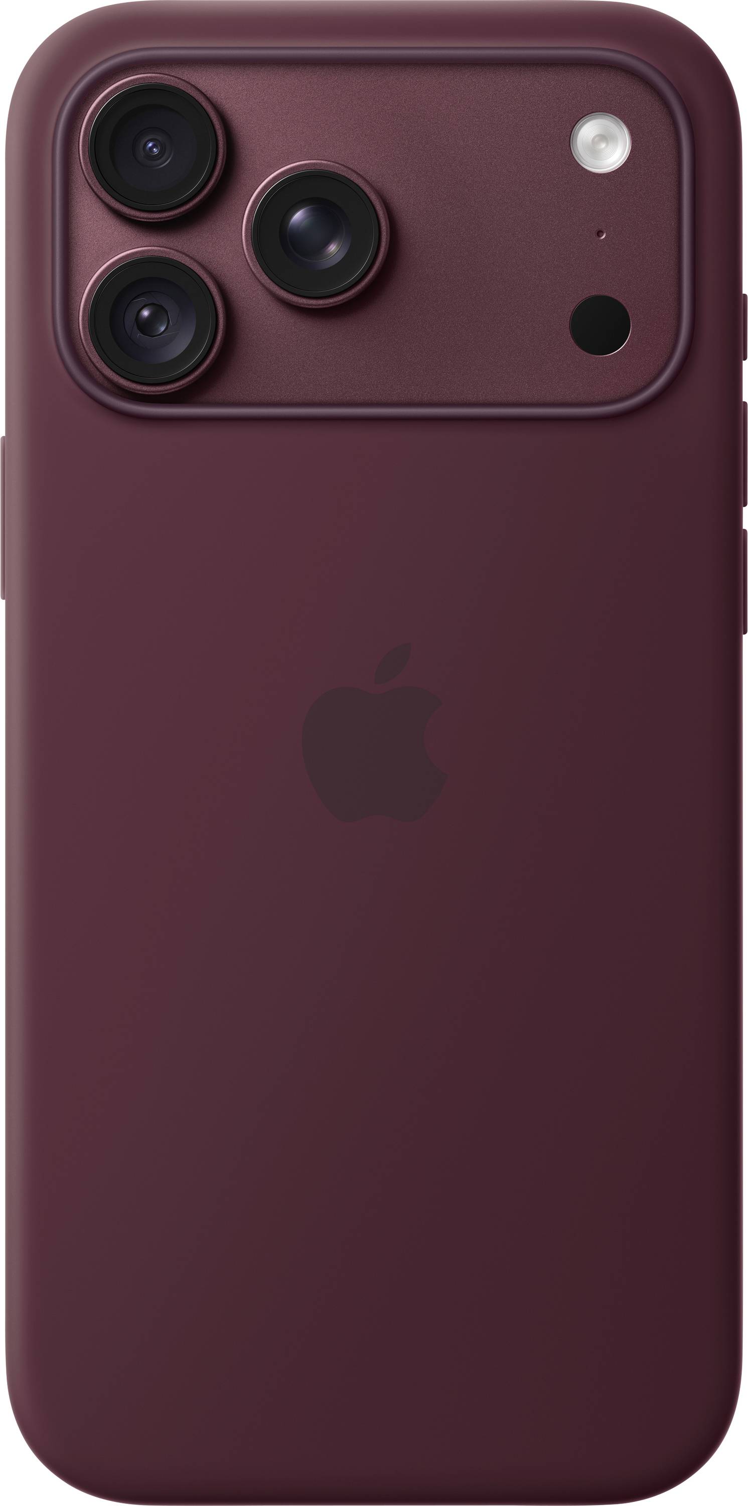 Vue arrière d'un iPhone bordeaux avec triple objectif de caméra et logo Apple.