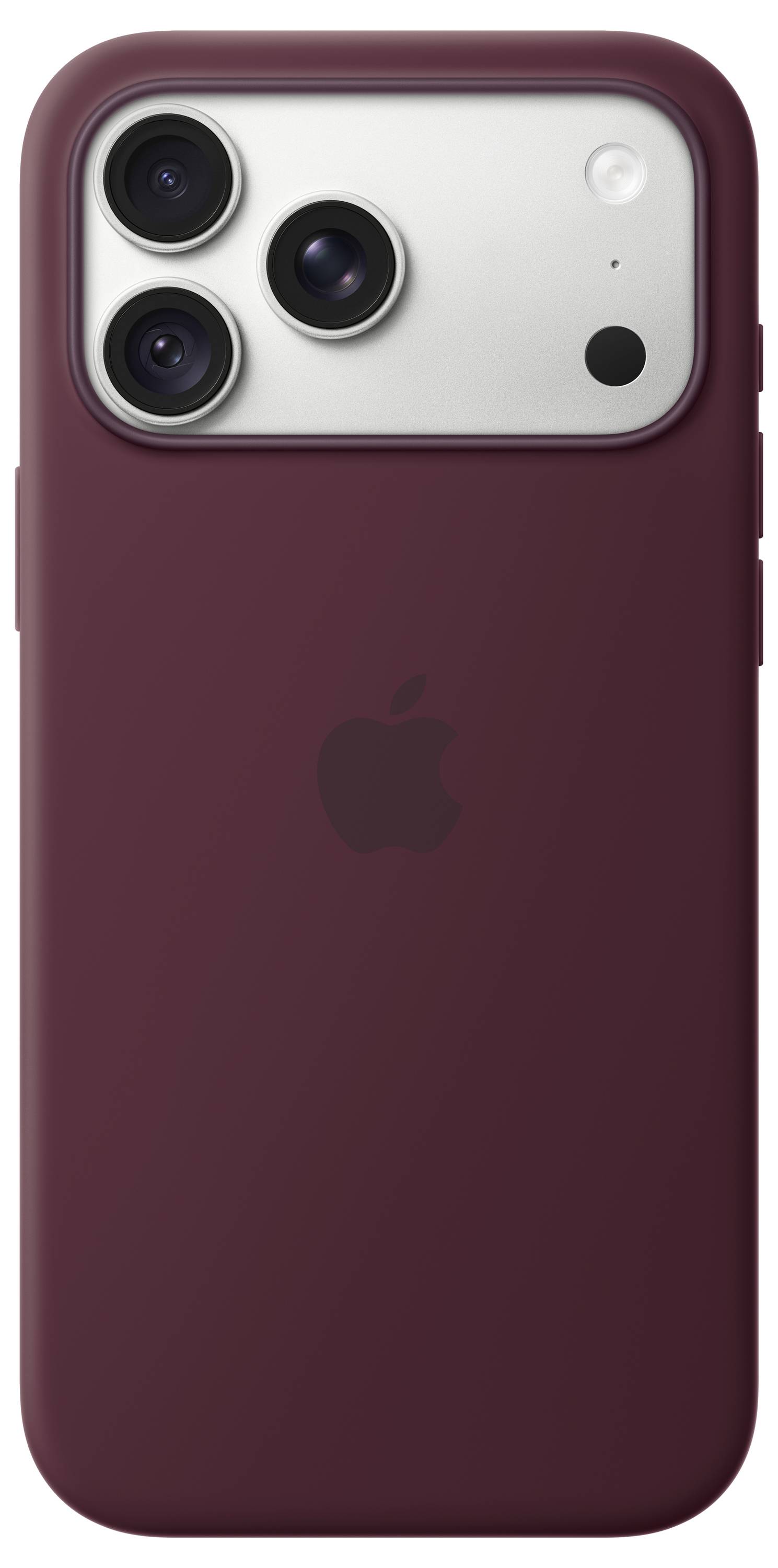 Vue arrière d'un iPhone bordeaux avec trois caméras arrière et logo Apple centré.