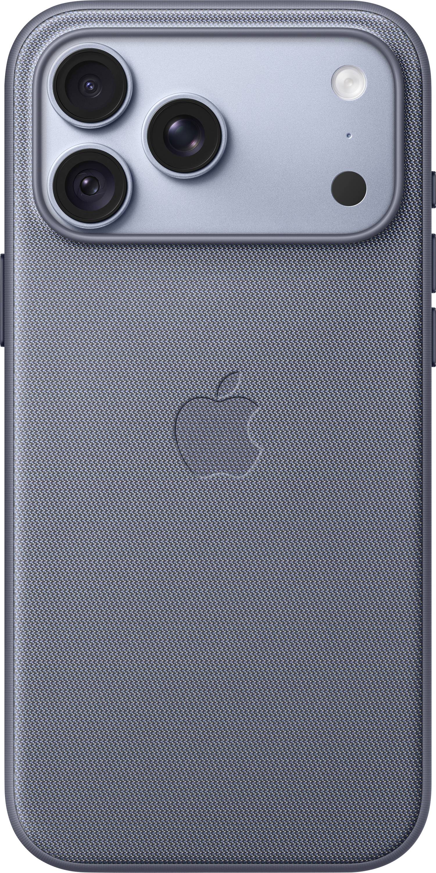 Arrière d'un iPhone bleu avec trois caméras arrière, flash et logo Apple.
