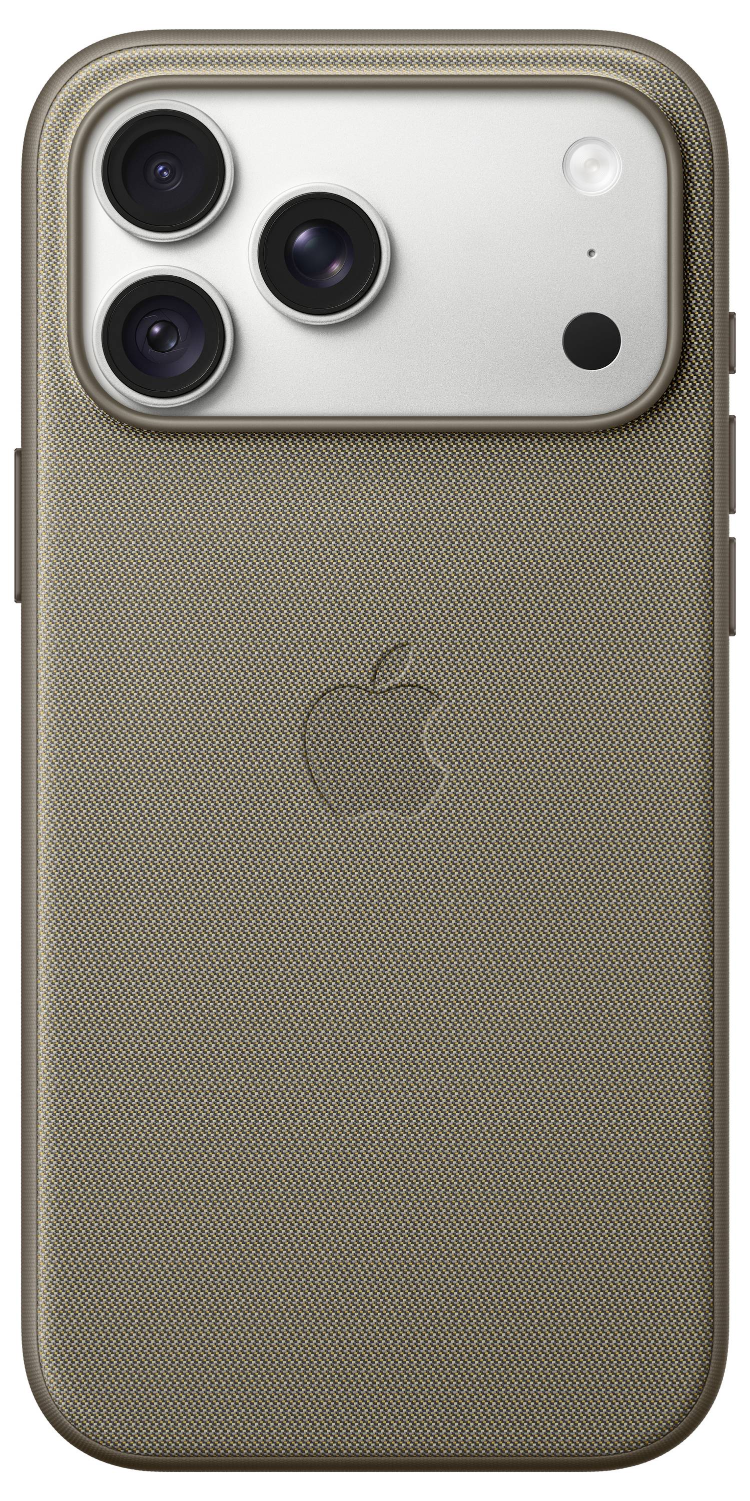 Vue arrière d'un iPhone avec un étui texturé marron, affichant trois objectifs de caméra et le logo Apple.