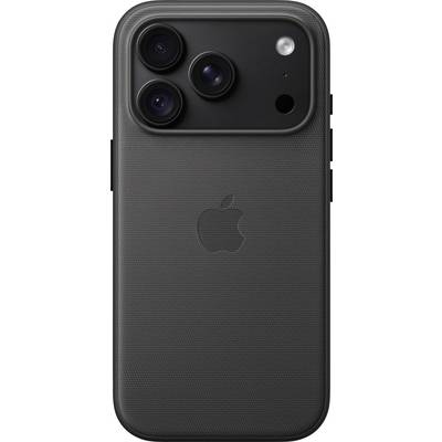 Arrière d'un iPhone noir avec trois caméras arrière, un flash et le logo Apple sur un étui texturé.
