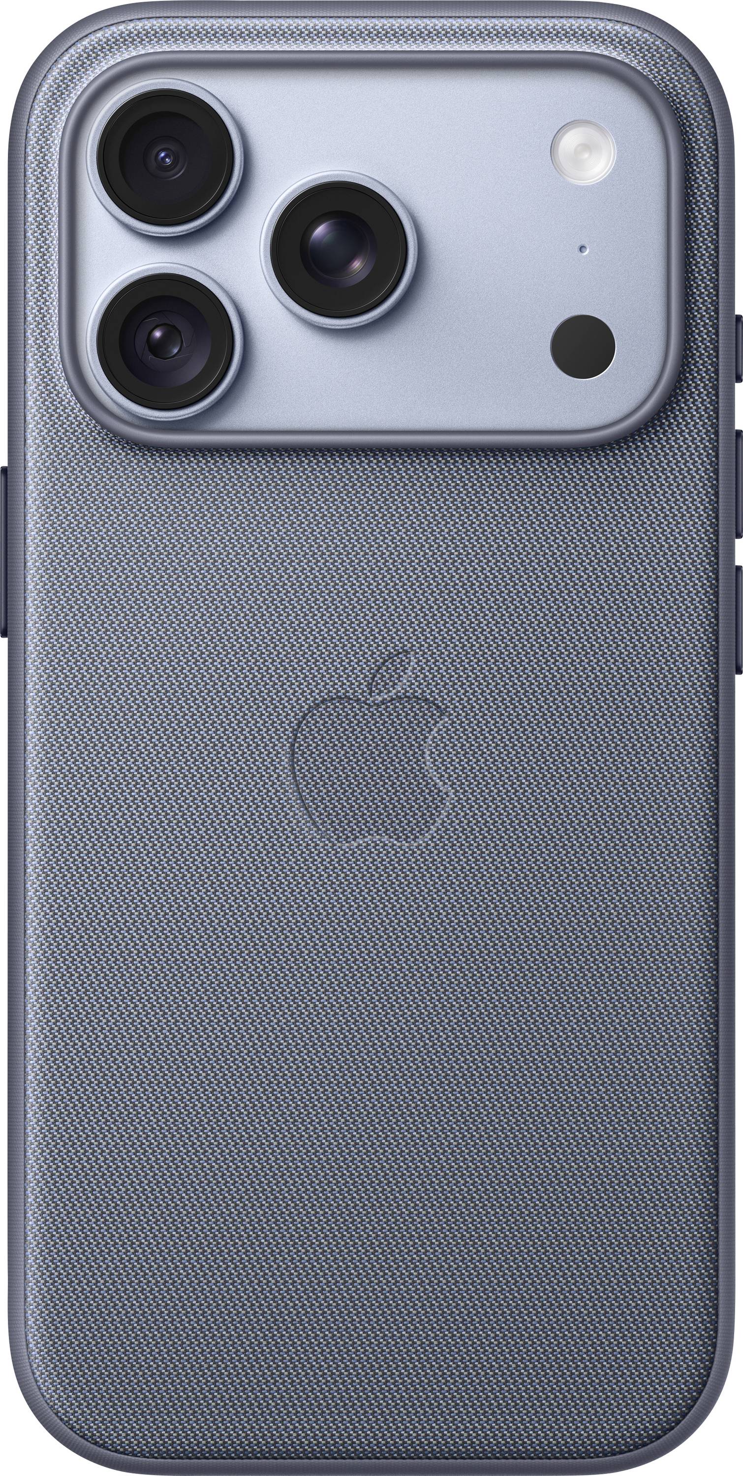 Arrière d'un iPhone bleu dans une coque texturée, montrant les trois caméras arrière, le flash et le logo Apple.
