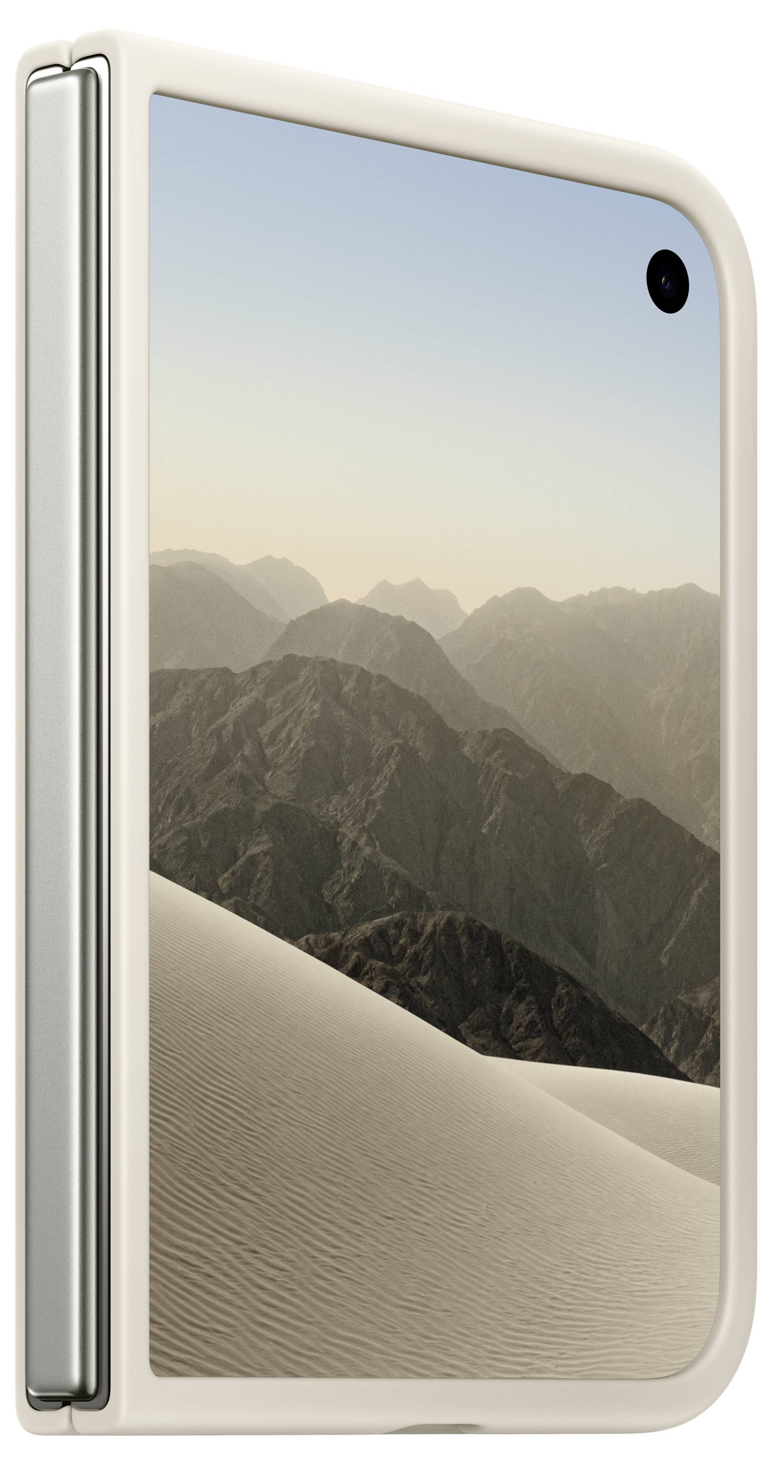 Smartphone pliable montré partiellement ouvert, affichant un paysage de dune de désert et de montagne sur l'écran.