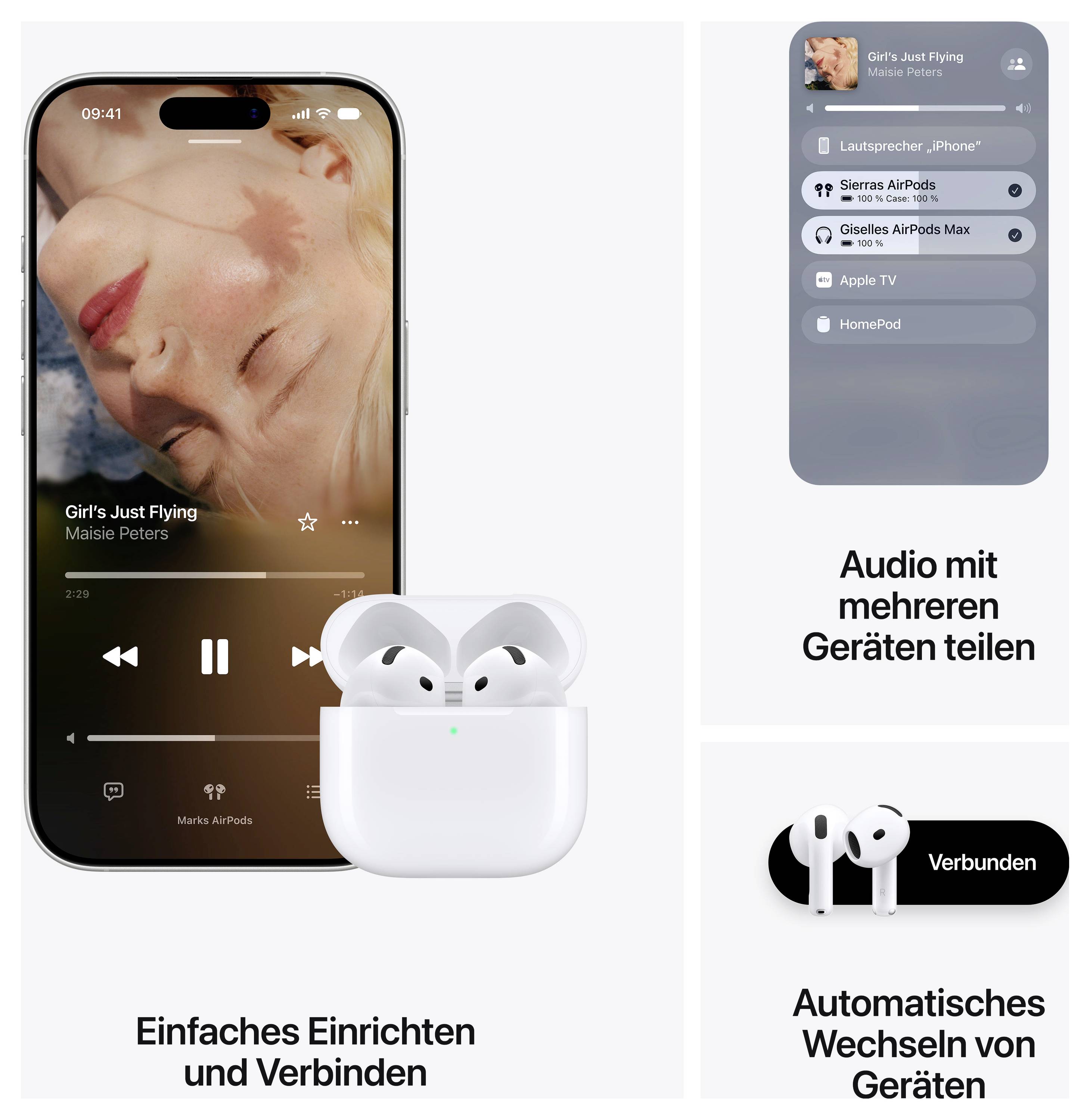 Publicité pour AirPods : iPhone avec lecture musicale, boîtier AirPods et trois fonctions : configuration simple, partage audio sur plusieurs appareils, changement automatique.