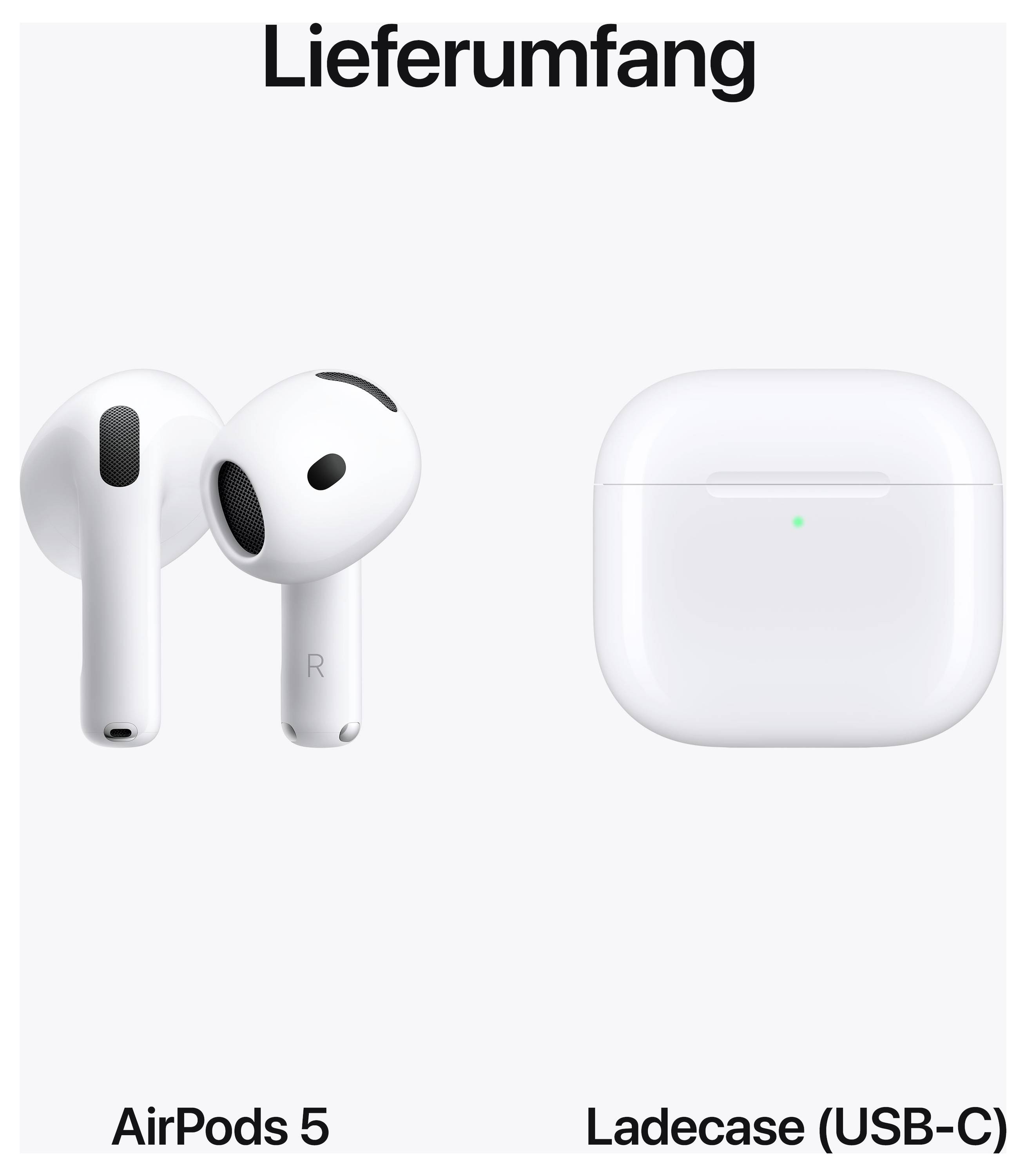 Apple AirPods 5 avec boîtier de charge (USB-C) inclus dans la livraison ; deux écouteurs intra-auriculaires et un boîtier de charge blanc avec voyant de statut LED.