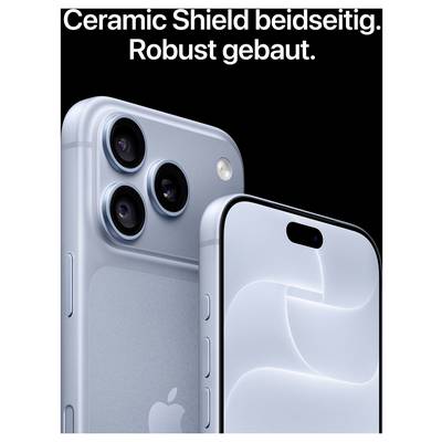 Publicité pour un iPhone avec le texte « Ceramic Shield bilatéral. Construction robuste. », affichant l'avant et l'arrière de l'appareil avec les modules caméra.