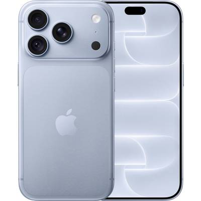 Deux iPhones bleu clair présentés de face et de dos, mettant en évidence les trois appareils photo arrière et l'encoche avant en forme de pilule.