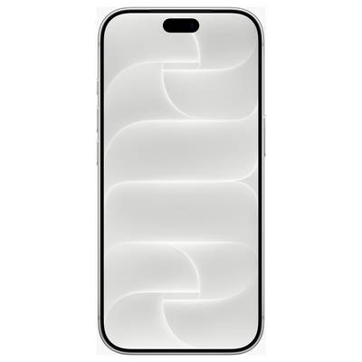 Vue de face d'un smartphone argenté avec une découpe de caméra de forme de pilule noire et un fond d'écran avec des vagues abstraites gris clair sur l'écran.