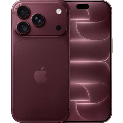 Vue de face et de dos d'un iPhone bordeaux avec trois caméras arrière et une découpe frontale en forme de pilule sur l'écran.