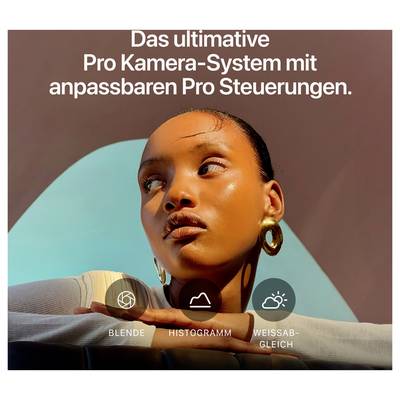 Affiche publicitaire avec portrait d'une femme et texte « Le système de caméra Pro ultime avec contrôles Pro personnalisables. »; en bas, symboles pour ouverture, histogramme et balance des blancs.