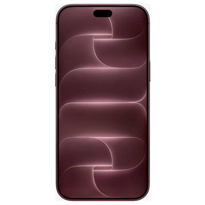 Vue de face d'un smartphone rouge avec une encoche de caméra frontale en forme de pilule et un fond d'écran abstrait de couleur bordeaux sur l'écran.