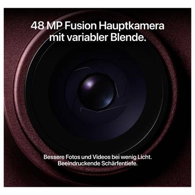 Graphique publicitaire d'un appareil photo : « Appareil photo principal Fusion 48 MP avec ouverture variable » pour de meilleures photos et vidéos en faible lumière ainsi qu'une profondeur de champ impressionnante.
