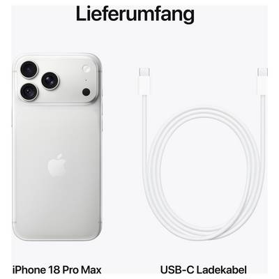 iPhone 18 Pro Max avec câble de charge USB-C, présenté comme contenu de l'emballage du produit.