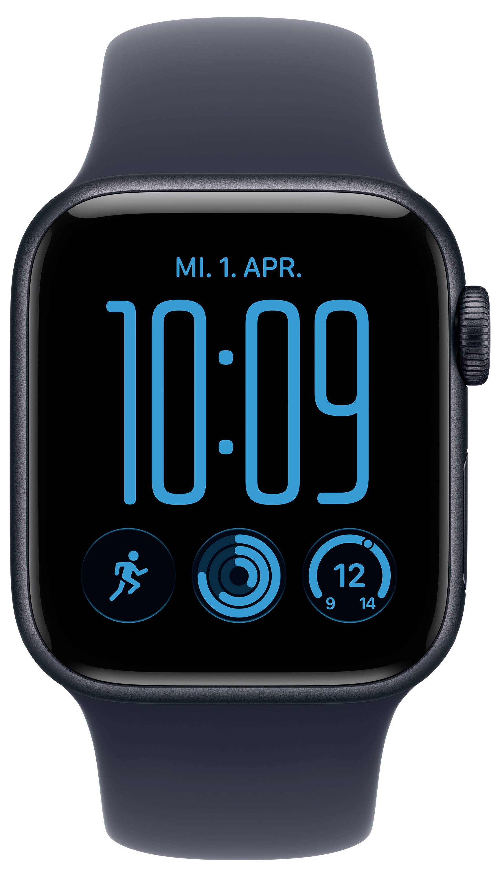Montre intelligente noire affichant 10:09 avec la date « MI. 1. AVR. » et trois widgets d'activité bleus sur le cadran de la montre.