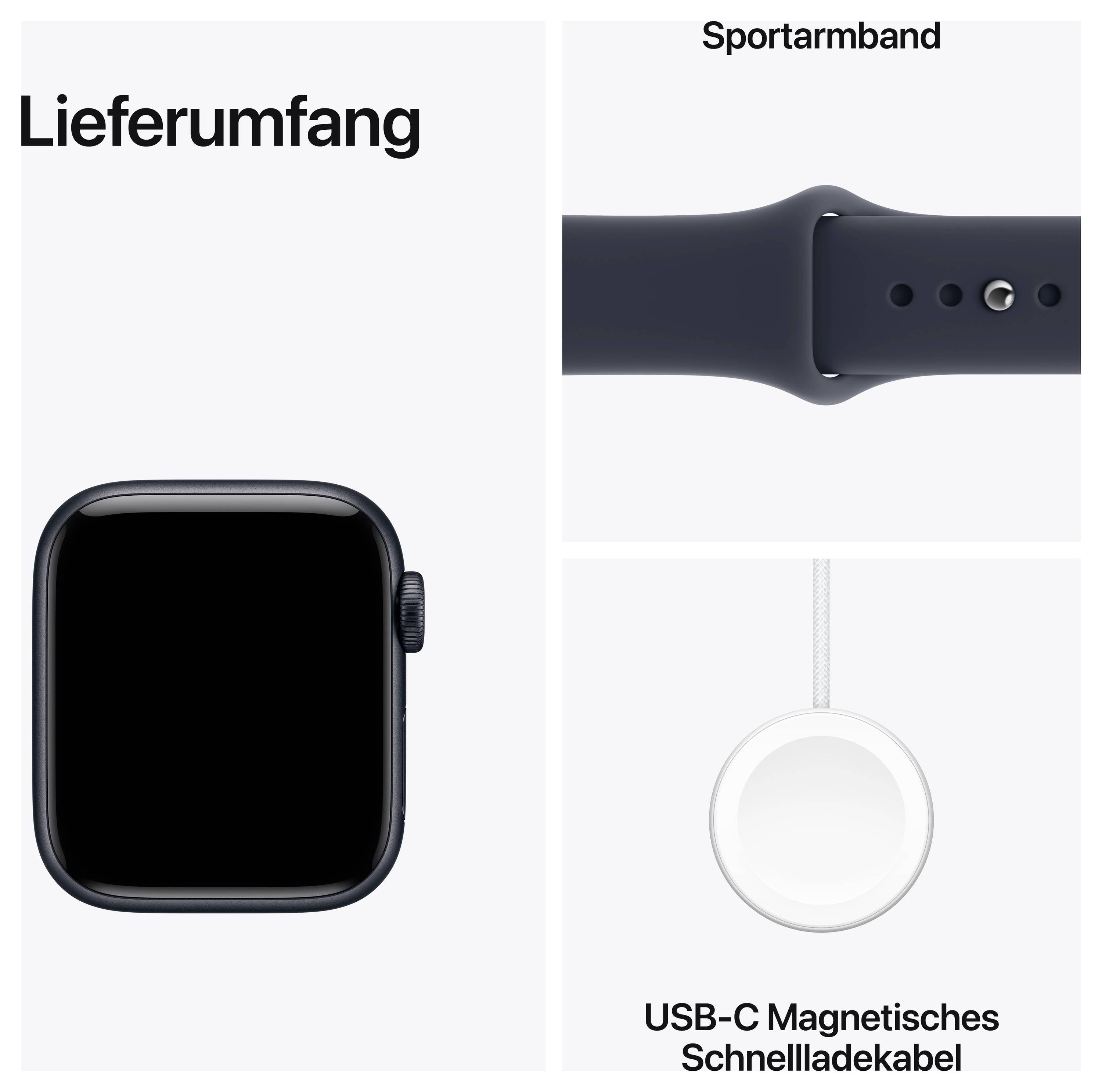 Tableau des tailles pour Apple Watch : à gauche « Contenu de la boîte » avec montre, à droite « Bracelet de sport » et en bas « Câble de charge rapide magnétique USB-C ».