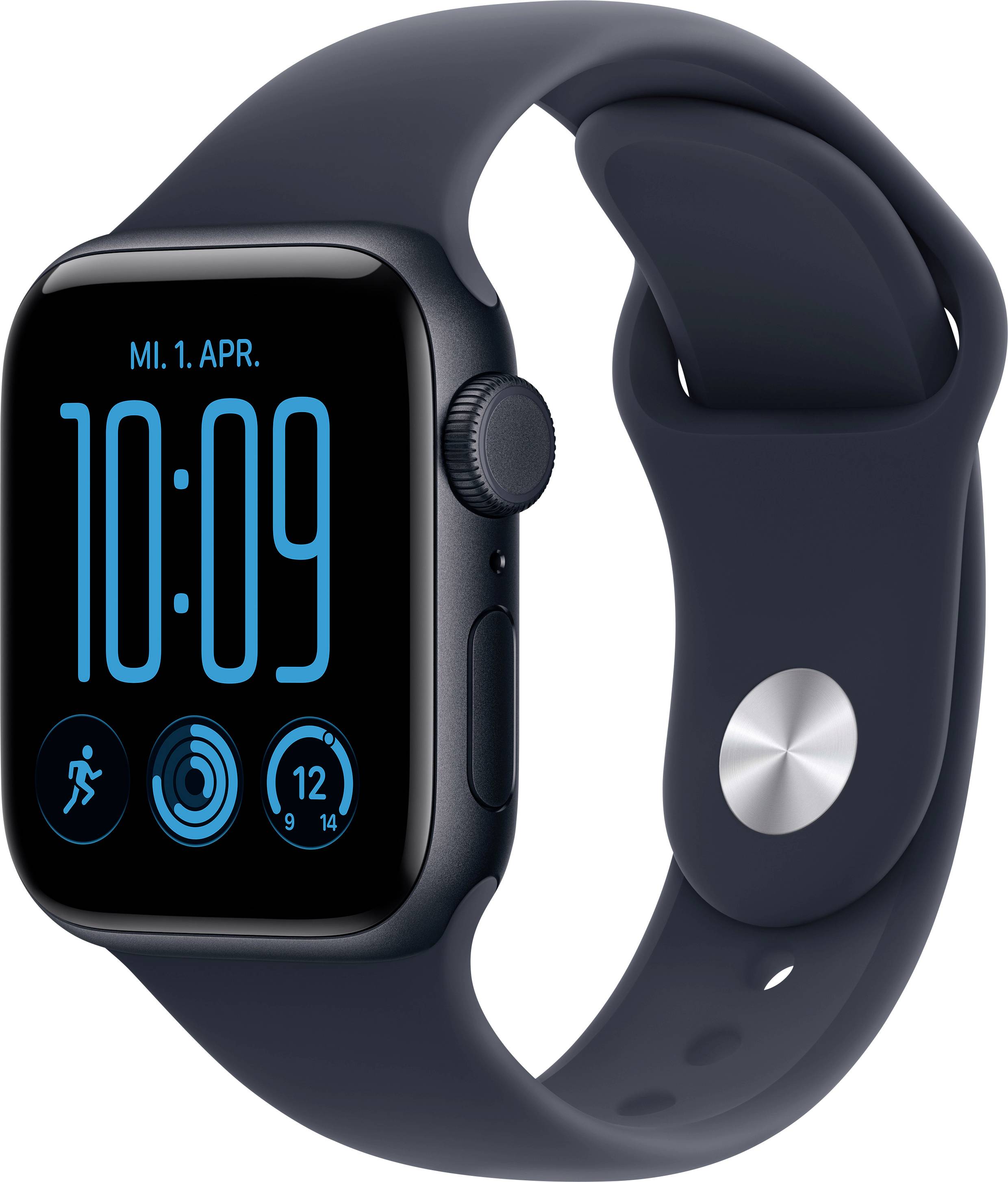 Montre Apple noire présentée sous un angle avec un bracelet sport bleu marine, affichant 10:09, la date « MI. 1. AVR. » et des icônes d'activité.