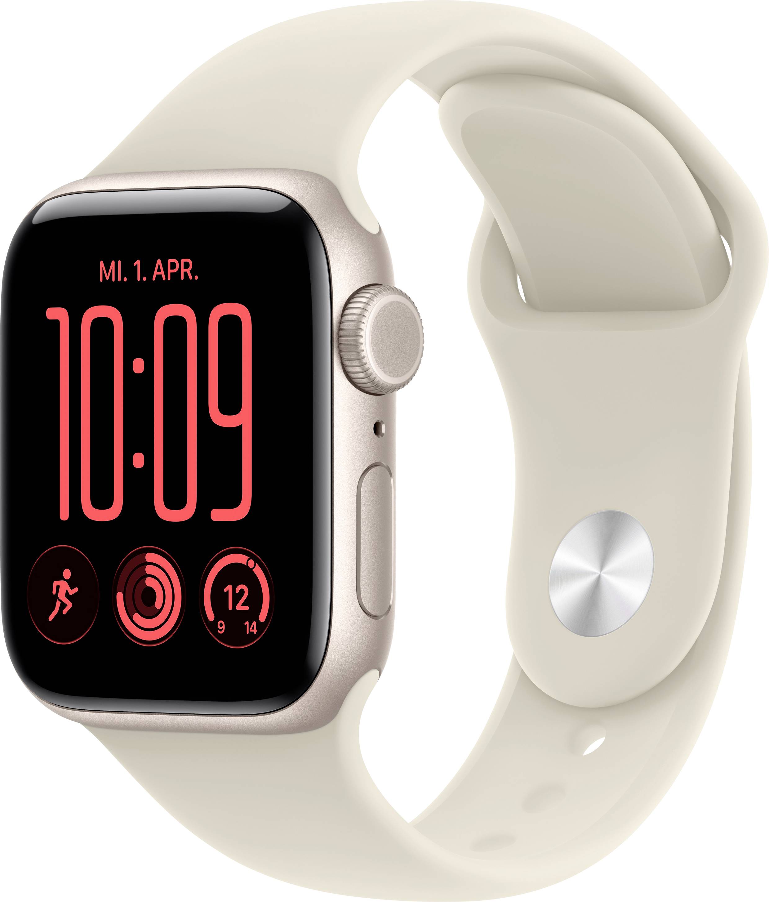 Montre Apple beige avec cadran numérique affichant « 10:09 », « MI. 1. AVR. » et icônes d'activité rouges sur un bracelet assorti.