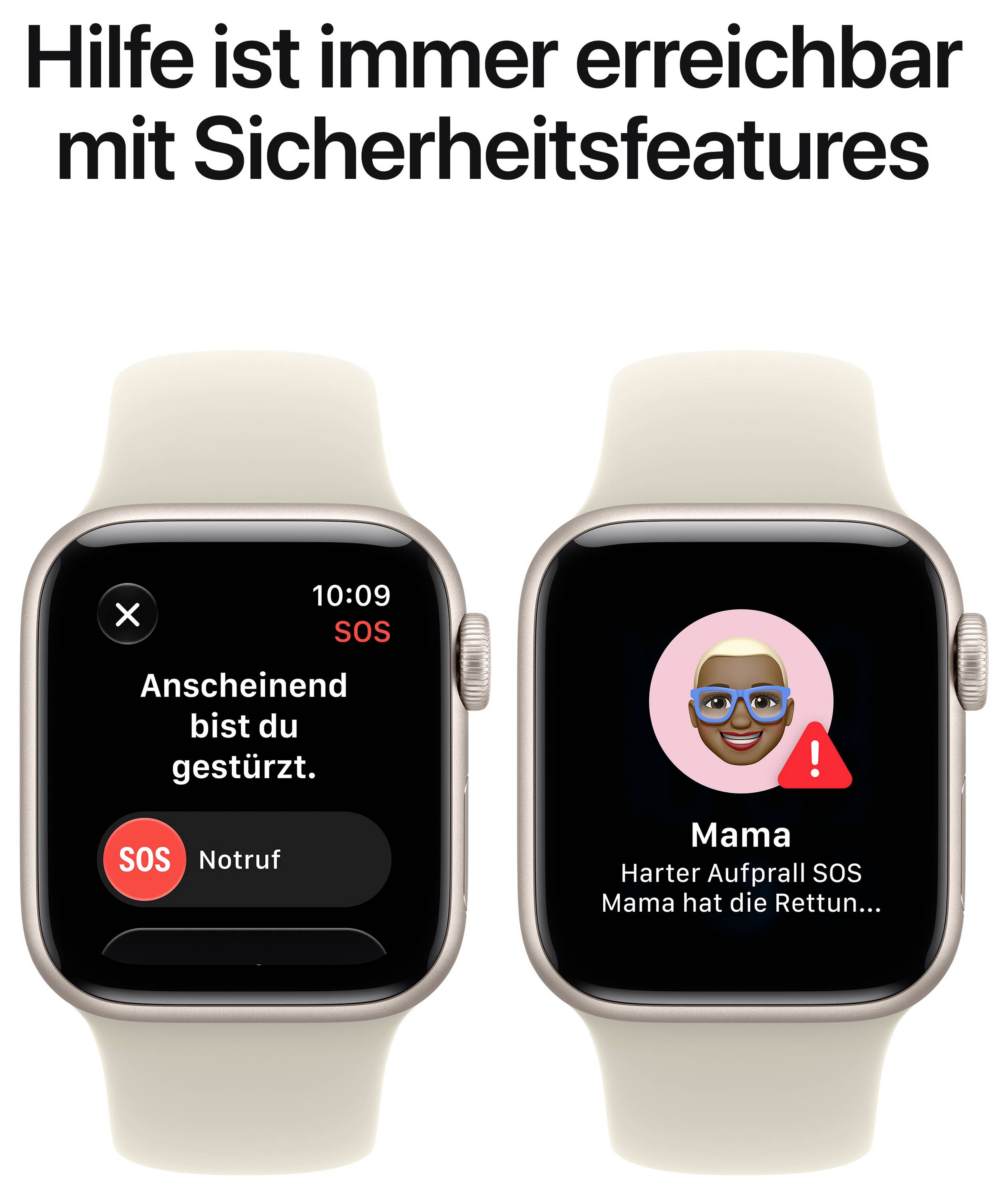 Publicité graphique avec deux montres intelligentes : à gauche détection de chute avec appel SOS d'urgence et message « Tu sembles être tombé. », à droite contact d'urgence « Maman » suite à « Choc violent SOS ».