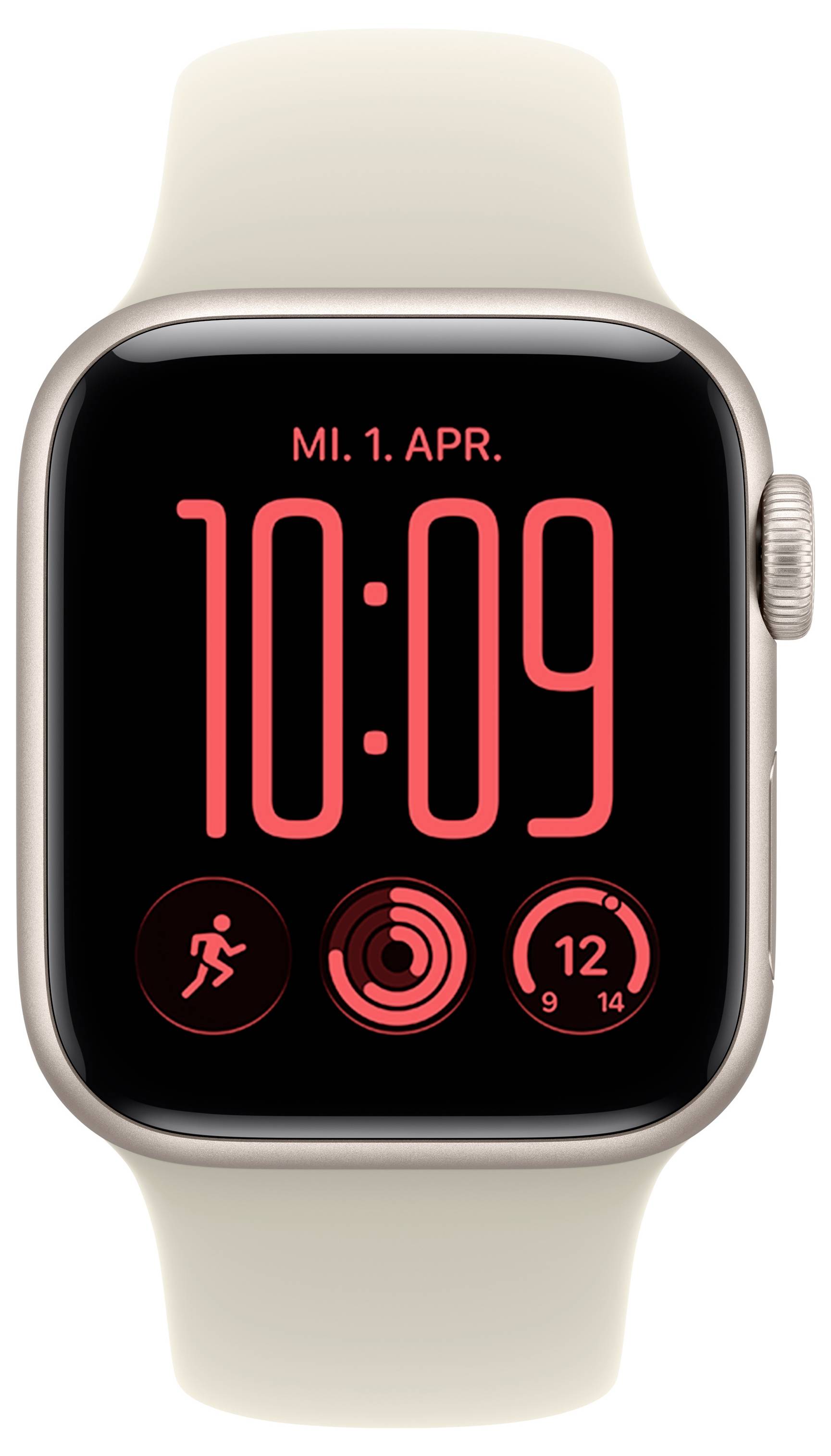 Montre Apple Watch avec bracelet beige affichant un cadran noir, l'heure numérique rouge 10:09, la date « MI. 1. AVR. », et des icônes de fitness/activité.
