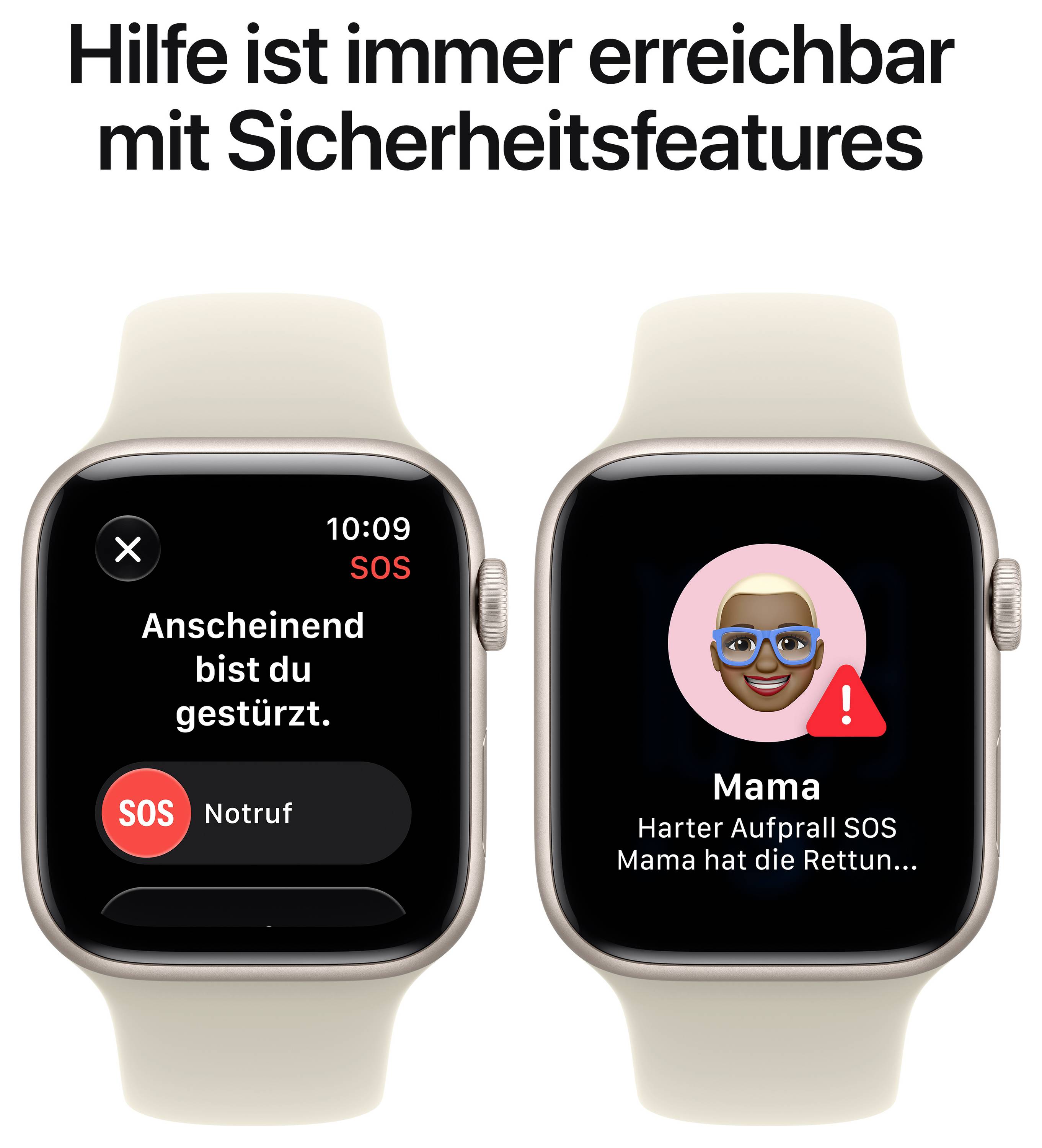 Annonce publicitaire pour une montre intelligente avec fonctions de sécurité : à gauche détection des chutes avec appel SOS d'urgence, à droite alerte envoyée à maman en cas de choc violent.