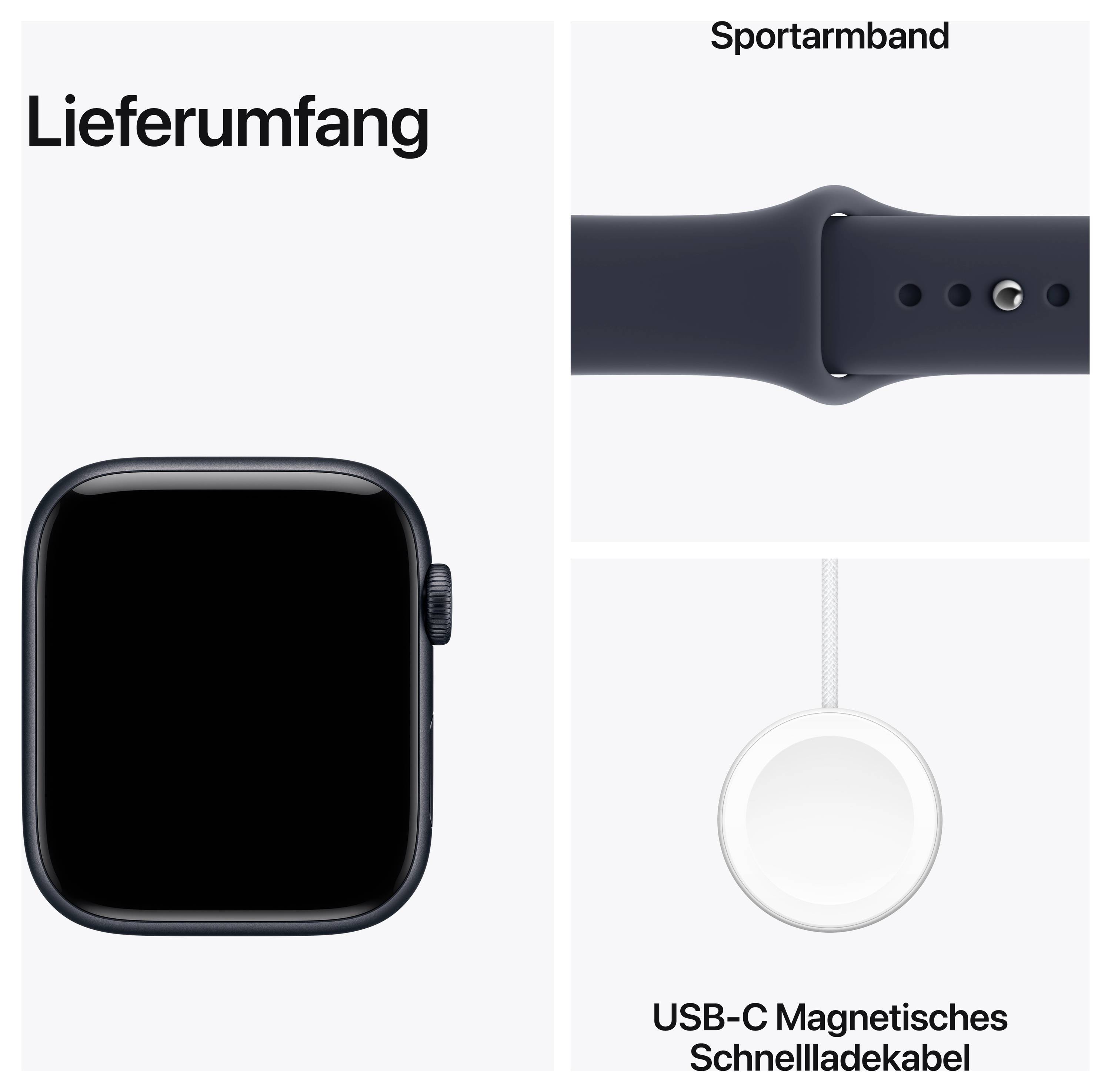 Contenu de la livraison : montre intelligente, bracelet de sport et câble de charge rapide magnétique USB-C.