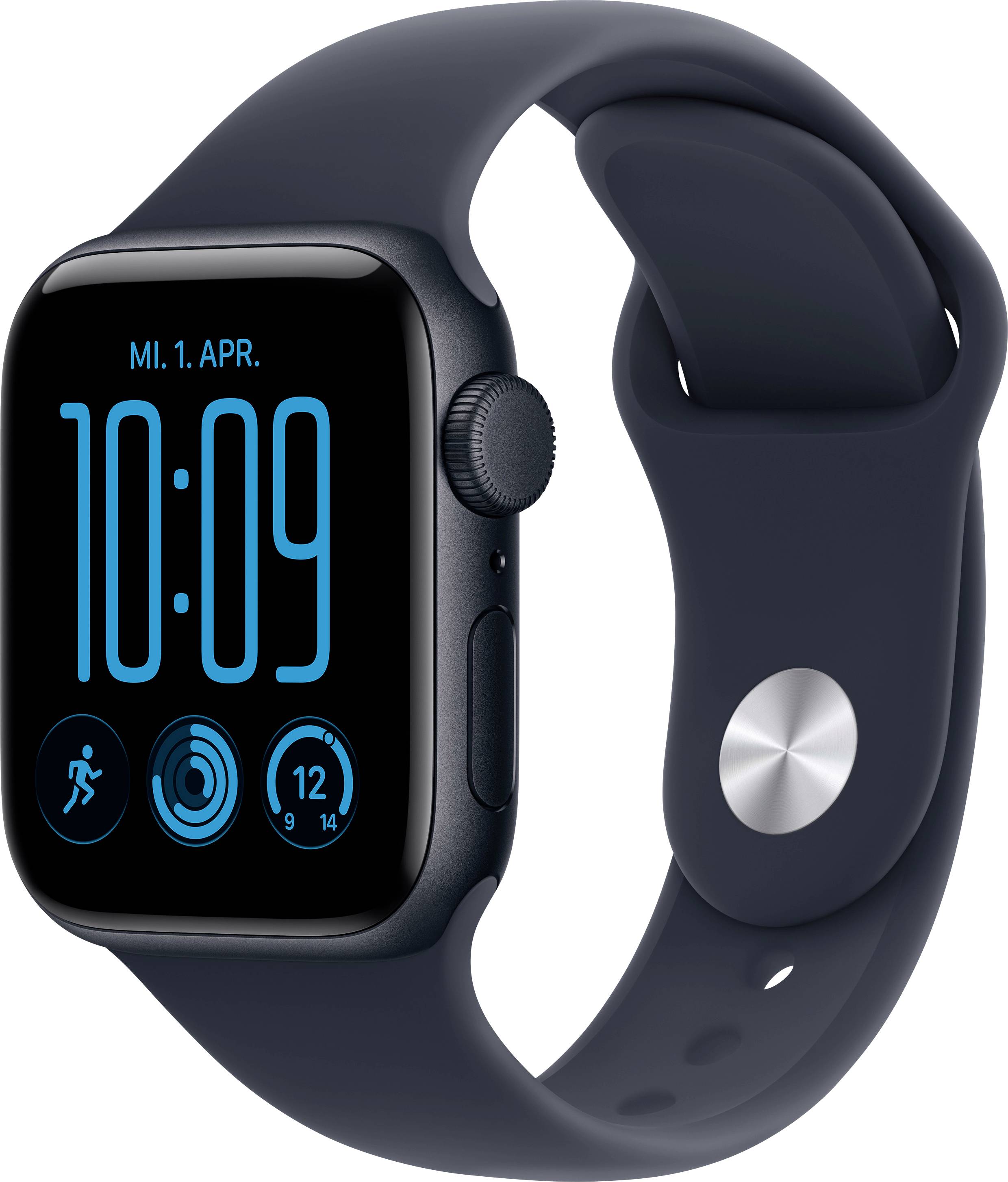 Une Apple Watch bleu foncé affiche 10:09 et la date « MI. 1. AVR. » sur un écran noir, avec des icônes d'activité et un bracelet de sport.