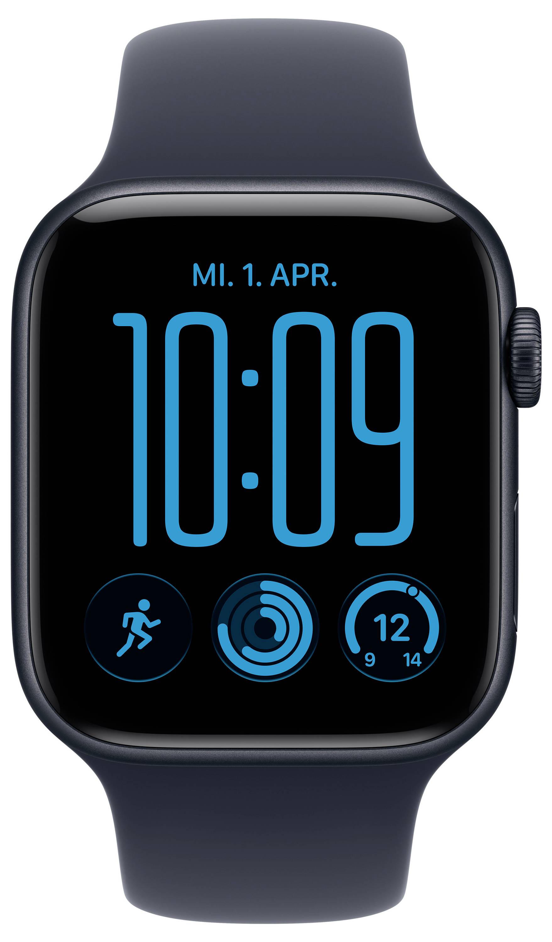 Montre Apple affichant 10:09 le lundi 1er avril, avec des icônes de complications fitness, activité et calendrier sur un cadran noir.