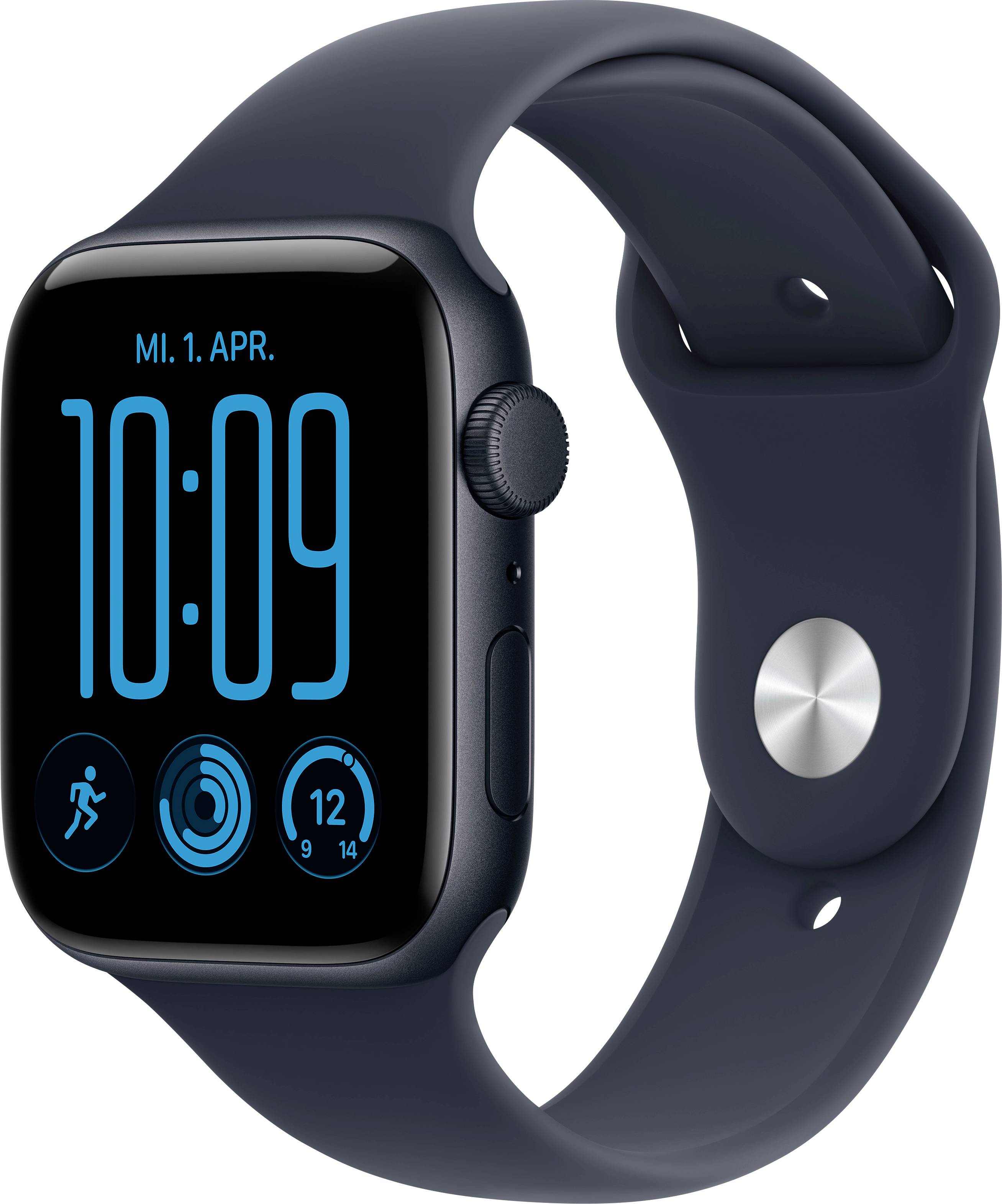 Montre intelligente noire avec un écran numérique bleu affichant 10:09 et la date « MI. 1. AVR. » sur un bracelet sombre.