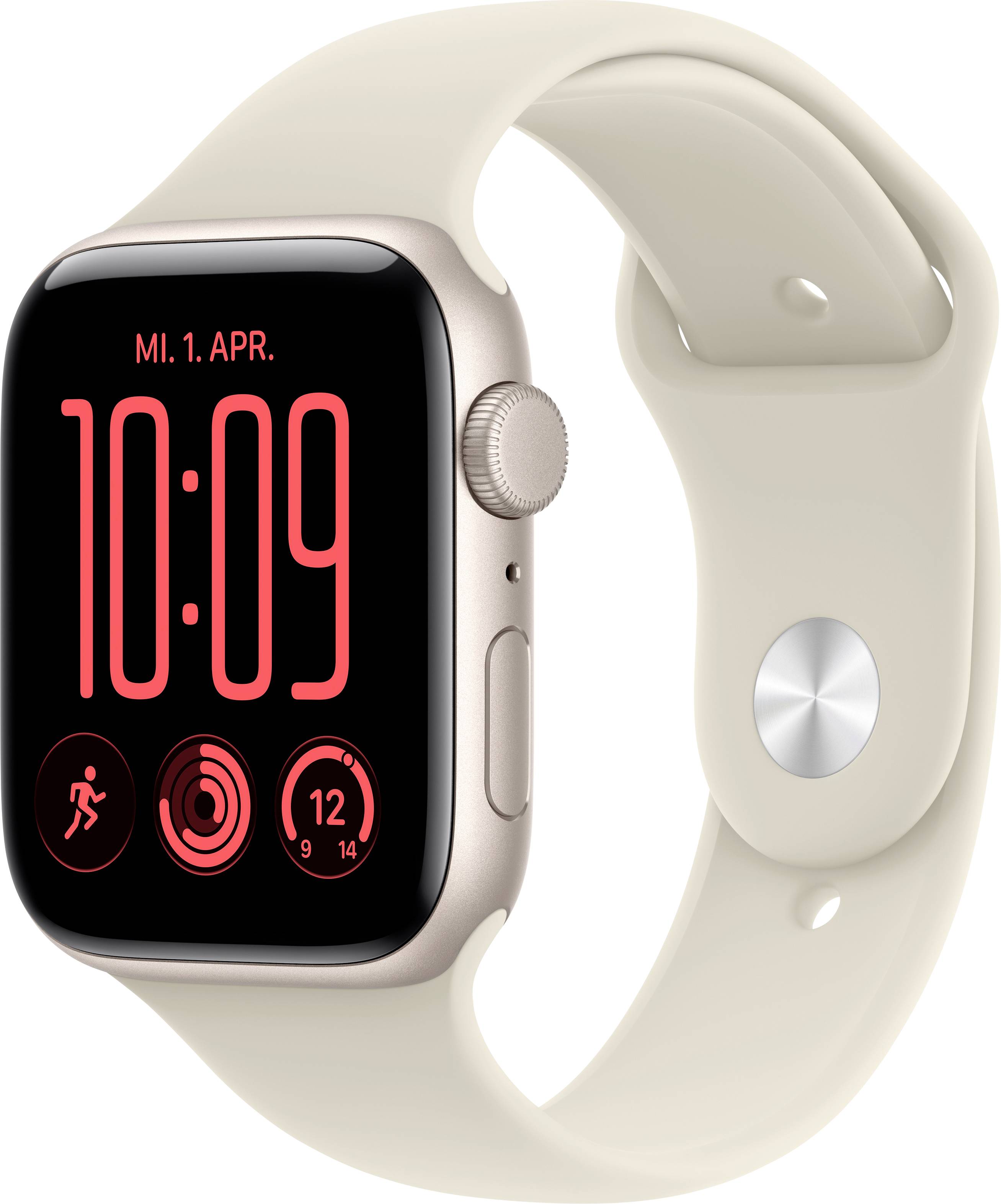 Montre Apple de couleur or rose avec un bracelet sport crème, affichant 10h09, « MI. 1. AVR. », et des icônes d'anneaux d'activité sur un cadran noir.