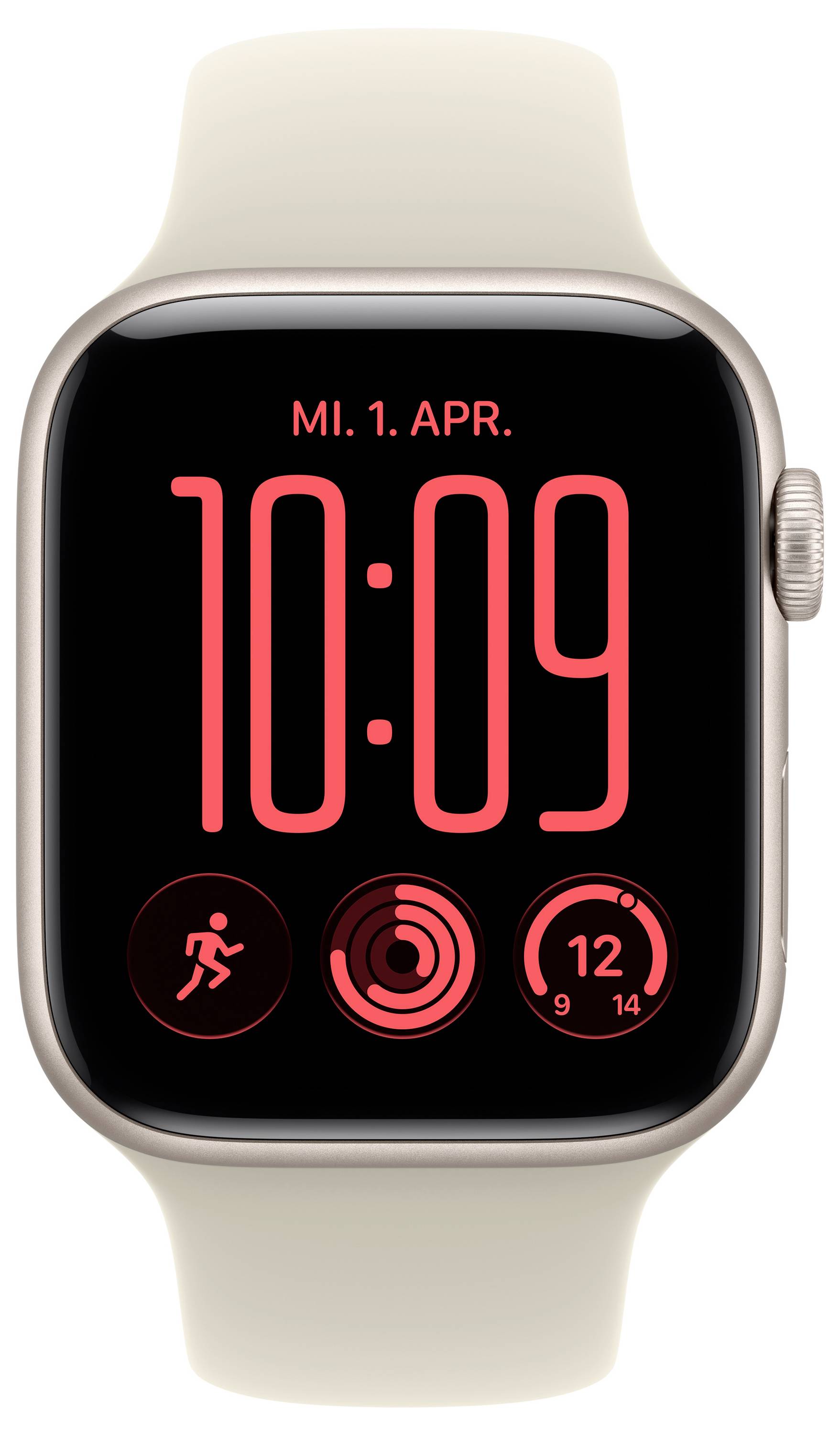 Affichage Apple Watch montrant 10h09, Me. 1er avr., avec activité, anneaux et complication de date.