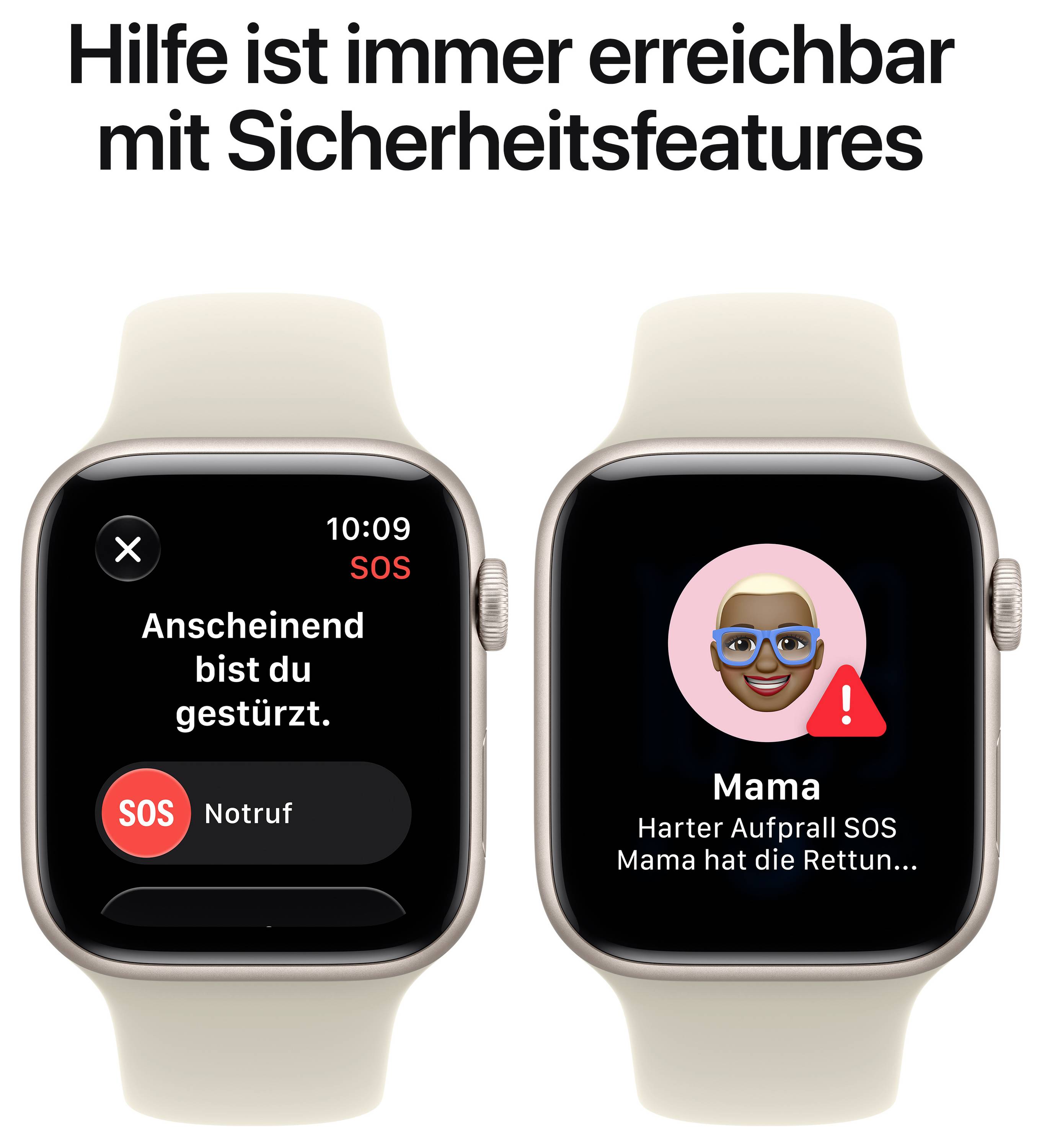 Publicité pour les fonctionnalités de sécurité de l'Apple Watch : Deux montres affichent la détection de chute avec appel d'urgence SOS et notification à la mère concernant un impact violent.