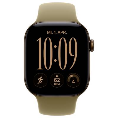 Apple Watch présentée avec un bracelet doré, affichant 10:09, « MI. 1. AVR. » et l'activité, fréquence cardiaque 62 BPM, et un badge de 4 notifications.