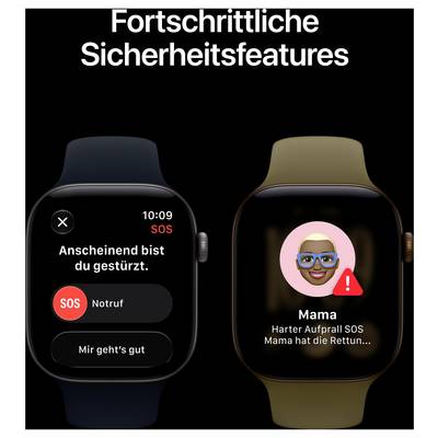 Image publicitaire avec deux montres intelligentes et le titre « Fonctionnalités de sécurité avancées » ; à gauche détection de chute avec « Appel SOS d'urgence » et « Je vais bien », à droite alarme d'urgence pour « Maman » en cas de choc violent.
