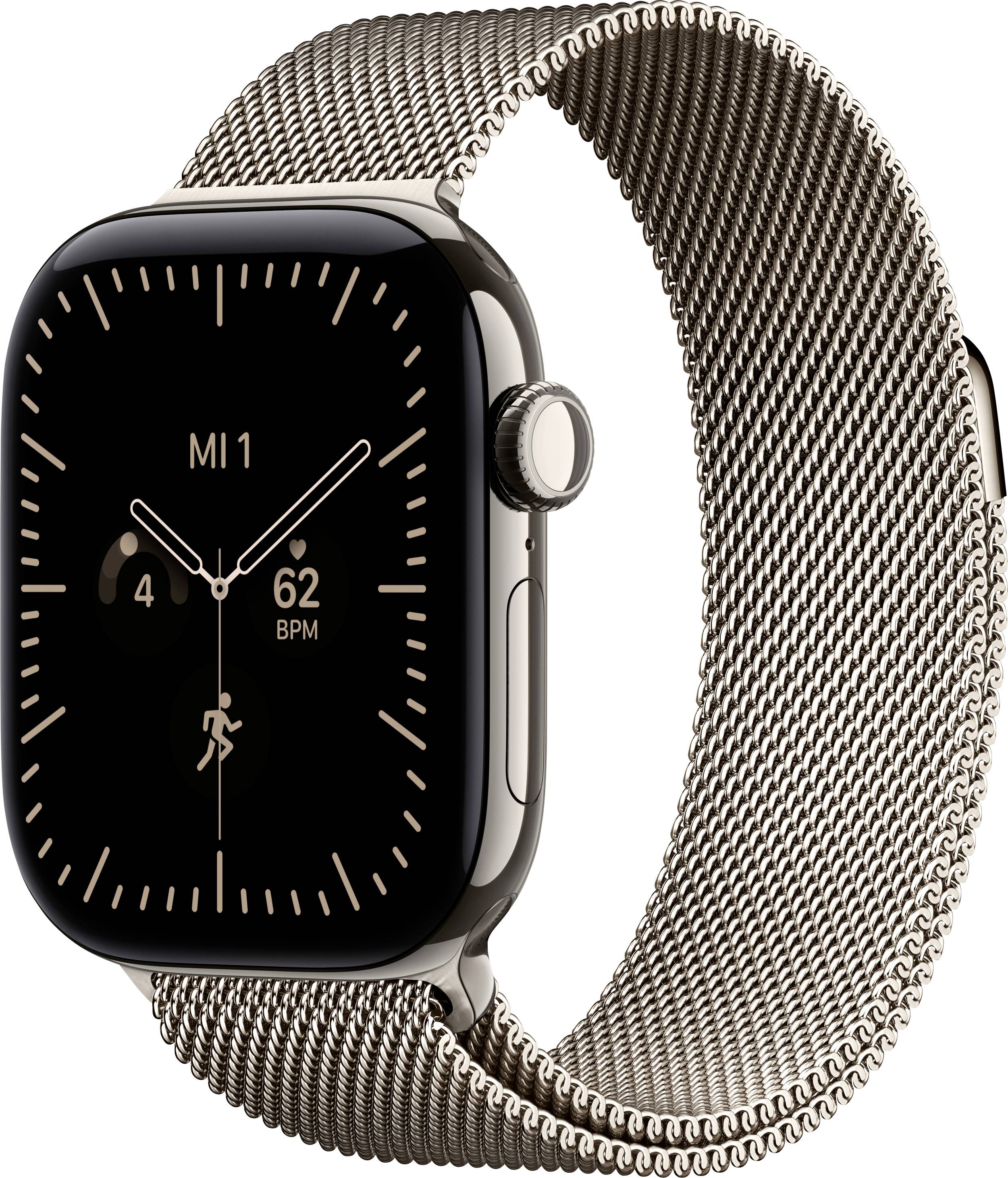 Montre Apple Watch noire avec bracelet Milanese Loop, affichant un cadran de montre étiqueté « MI1 » et « 62 BPM ».