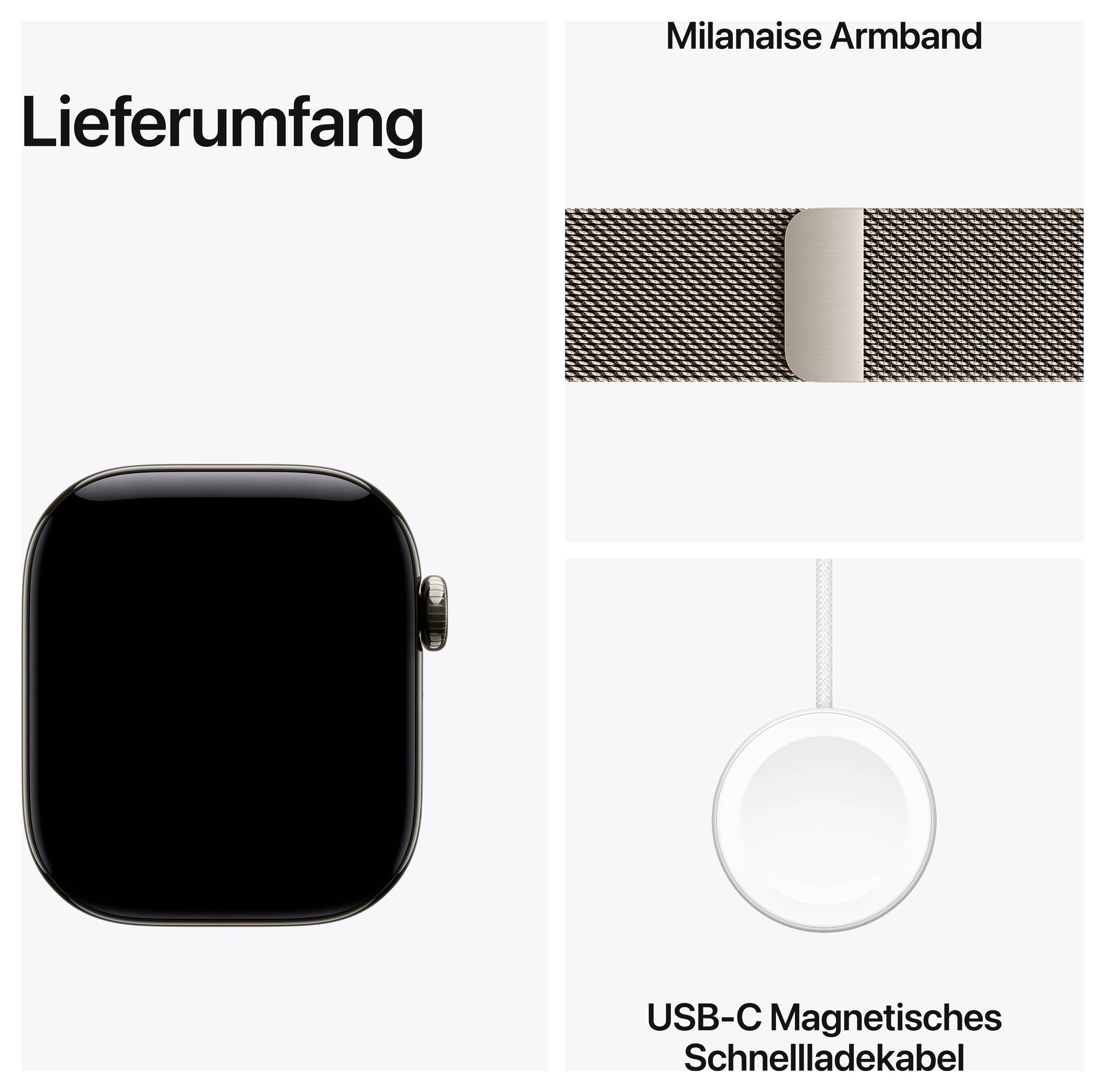 Contenu de la livraison avec boîtier smartwatch, bracelet Milanais et câble de charge magnétique USB-C.