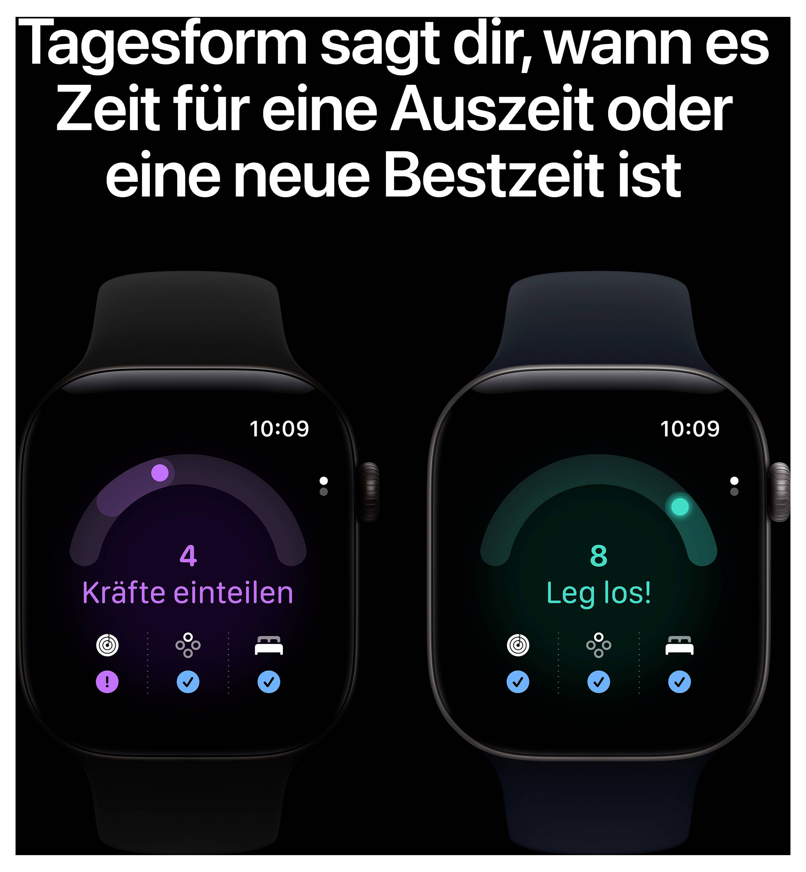 Publicité graphique avec deux montres intelligentes ; le texte dit : « Tagesform vous indique quand il est temps de faire une pause ou de battre un nouveau record ».