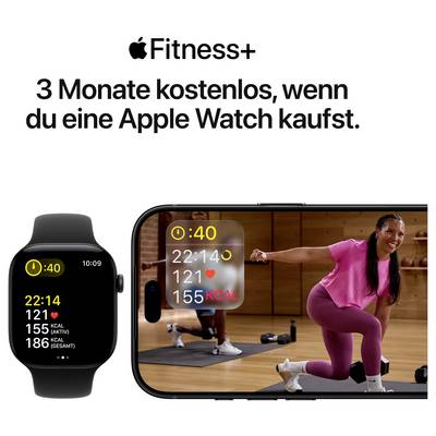 Publicité Apple Fitness+ : « 3 mois gratuits quand tu achètes une Apple Watch. » avec une Apple Watch et un iPhone sur lequel un entraînement de fitness s'exécute.