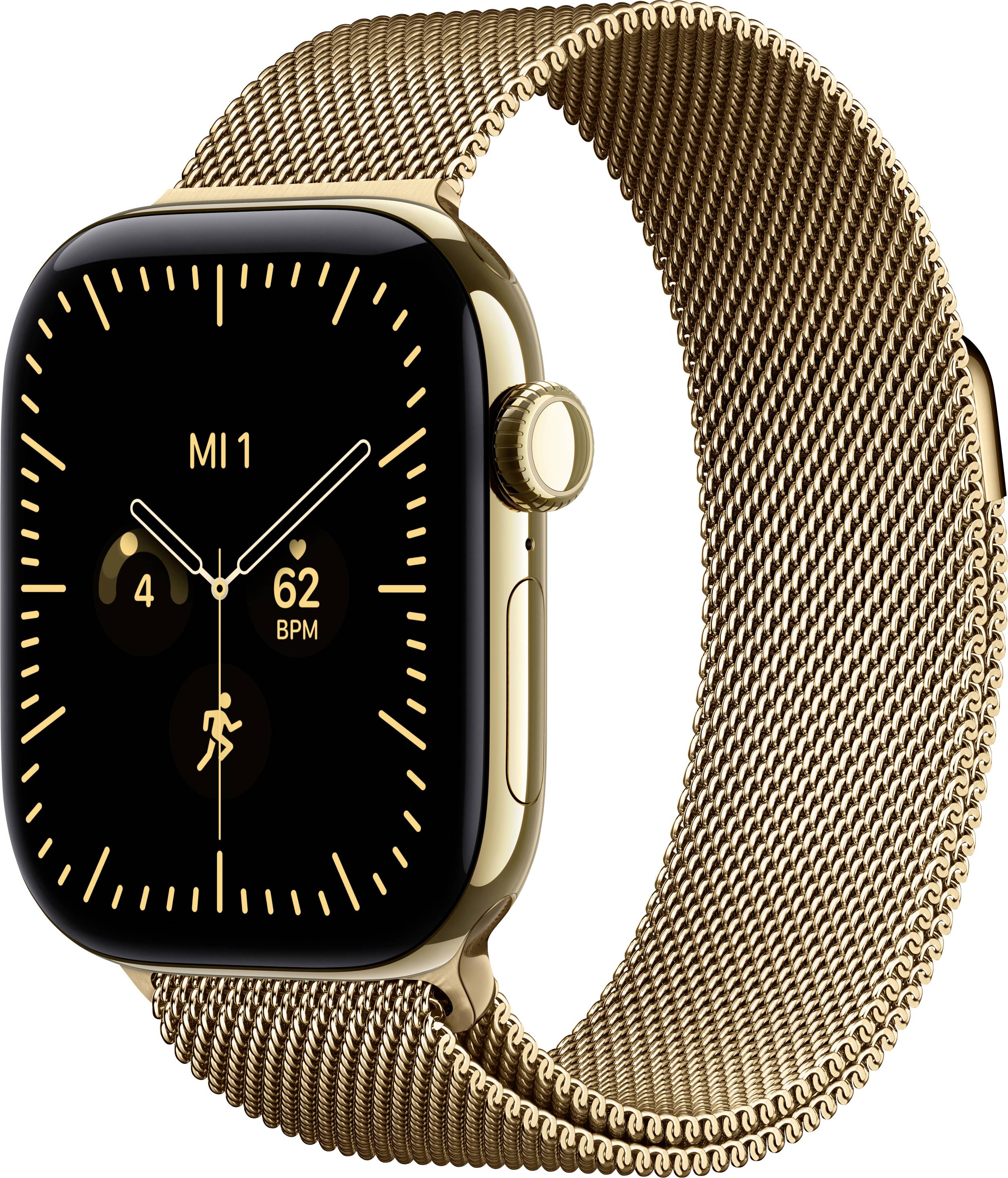Montre Apple Watch dorée avec bracelet milanais et cadran analogique noir affichant « MI1 », 4, 62 BPM et une icône d'entraînement.