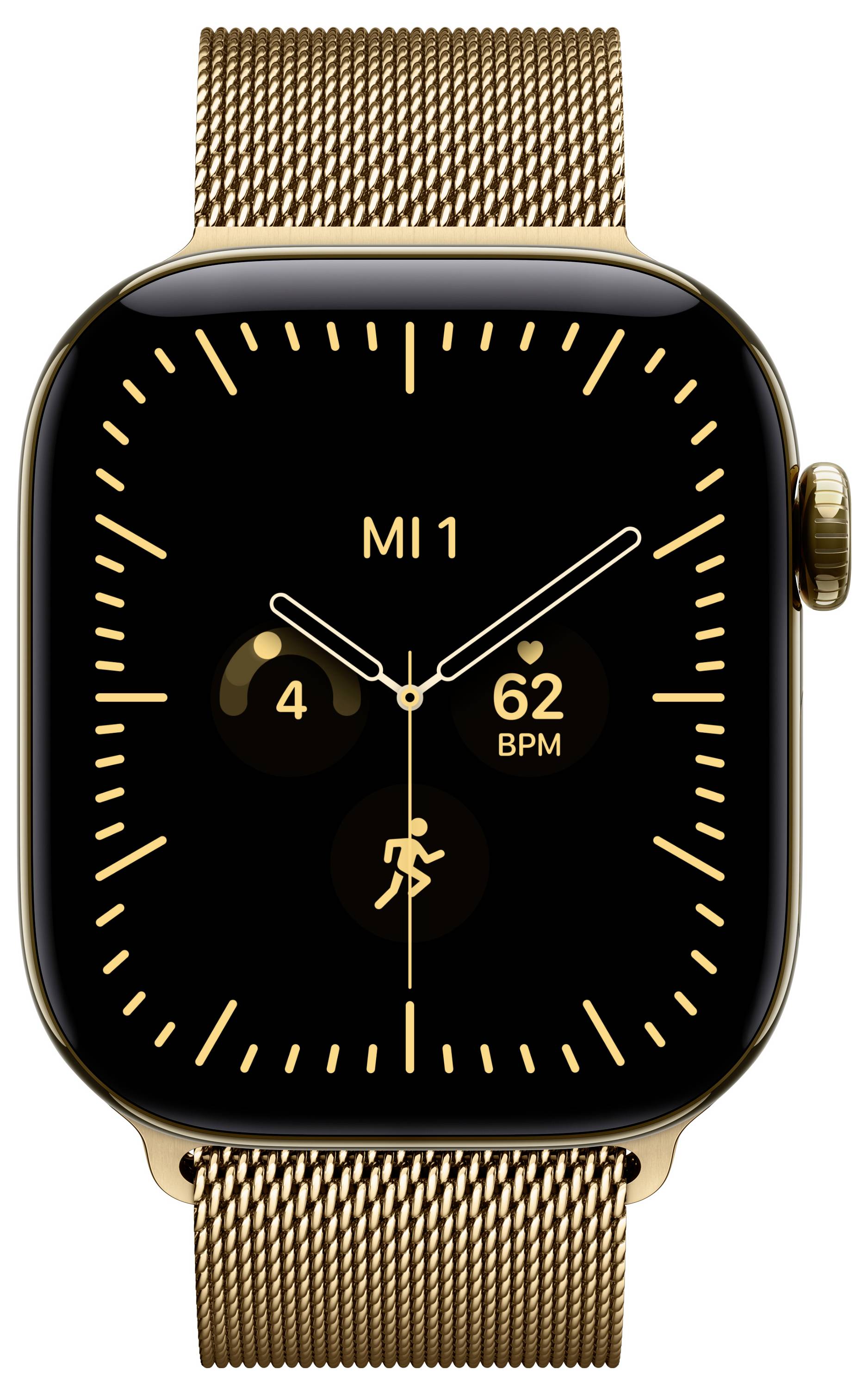 Montre Apple en or avec cadran noir affichant « MI 1 », 4 étapes, 62 BPM et une icône d'activité
