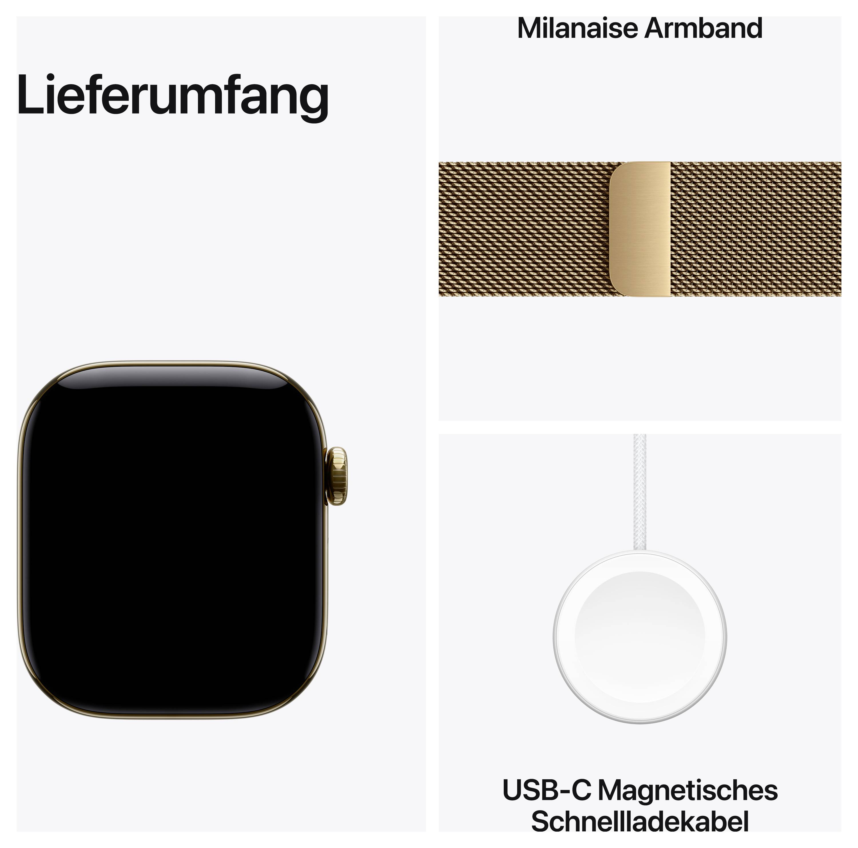 Contenu de la livraison d'une montre intelligente : boîtier de montre, bracelet milanais et câble de charge rapide magnétique USB-C.