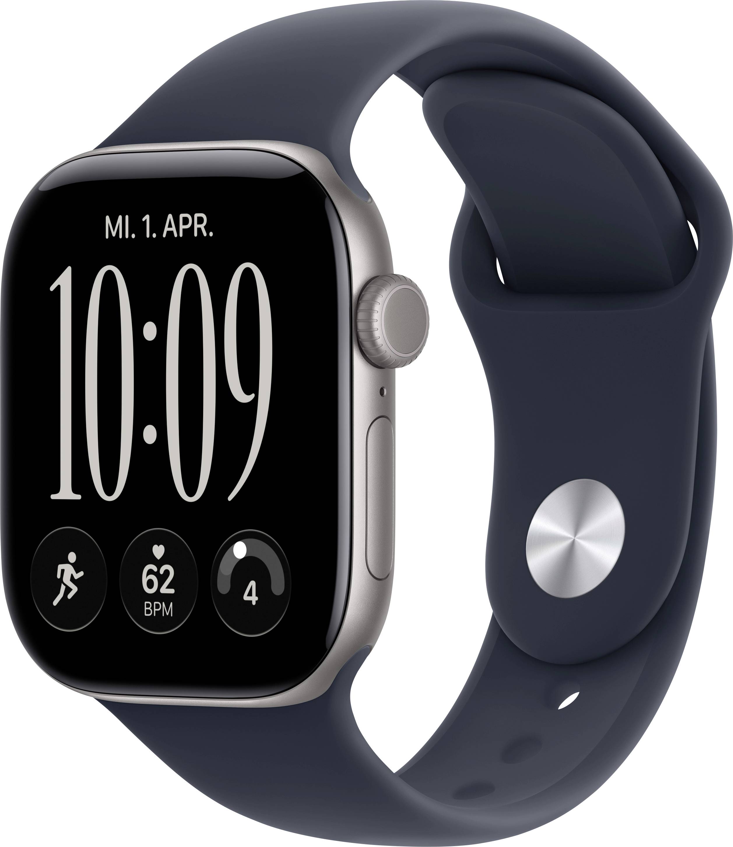 Apple Watch avec bracelet bleu marine foncé affichant 10:09, « MI. 1. AVR. », fréquence cardiaque 62 BPM et icônes d'activité à l'écran.