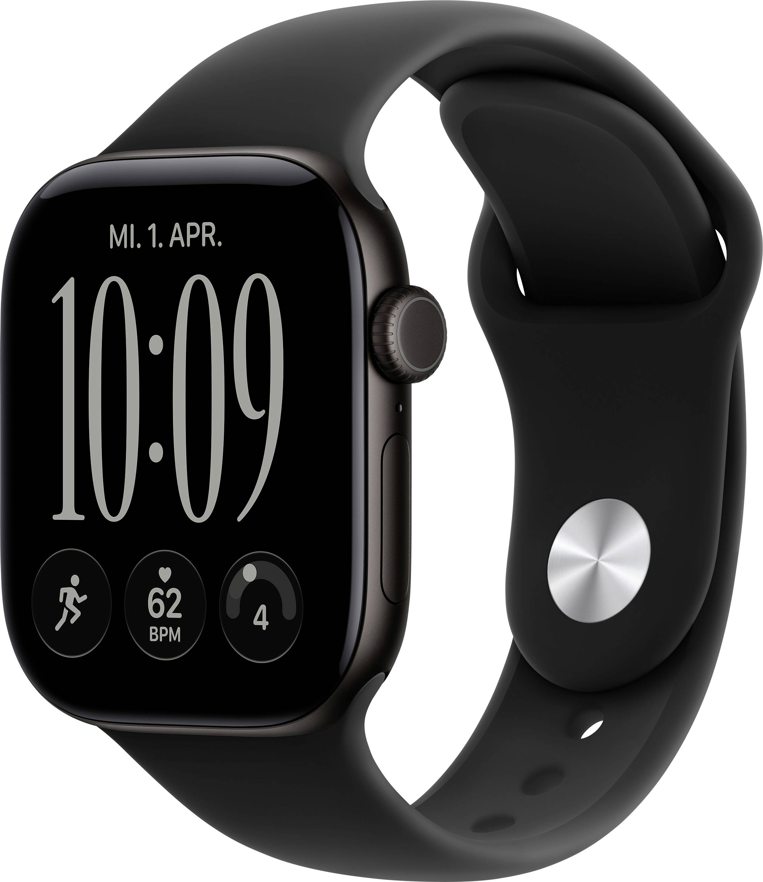 Montre Apple noire avec bracelet sport noir affichant 10:09, la date « MI. 1. AVR. » et les icônes d'activité, de fréquence cardiaque et de batterie.