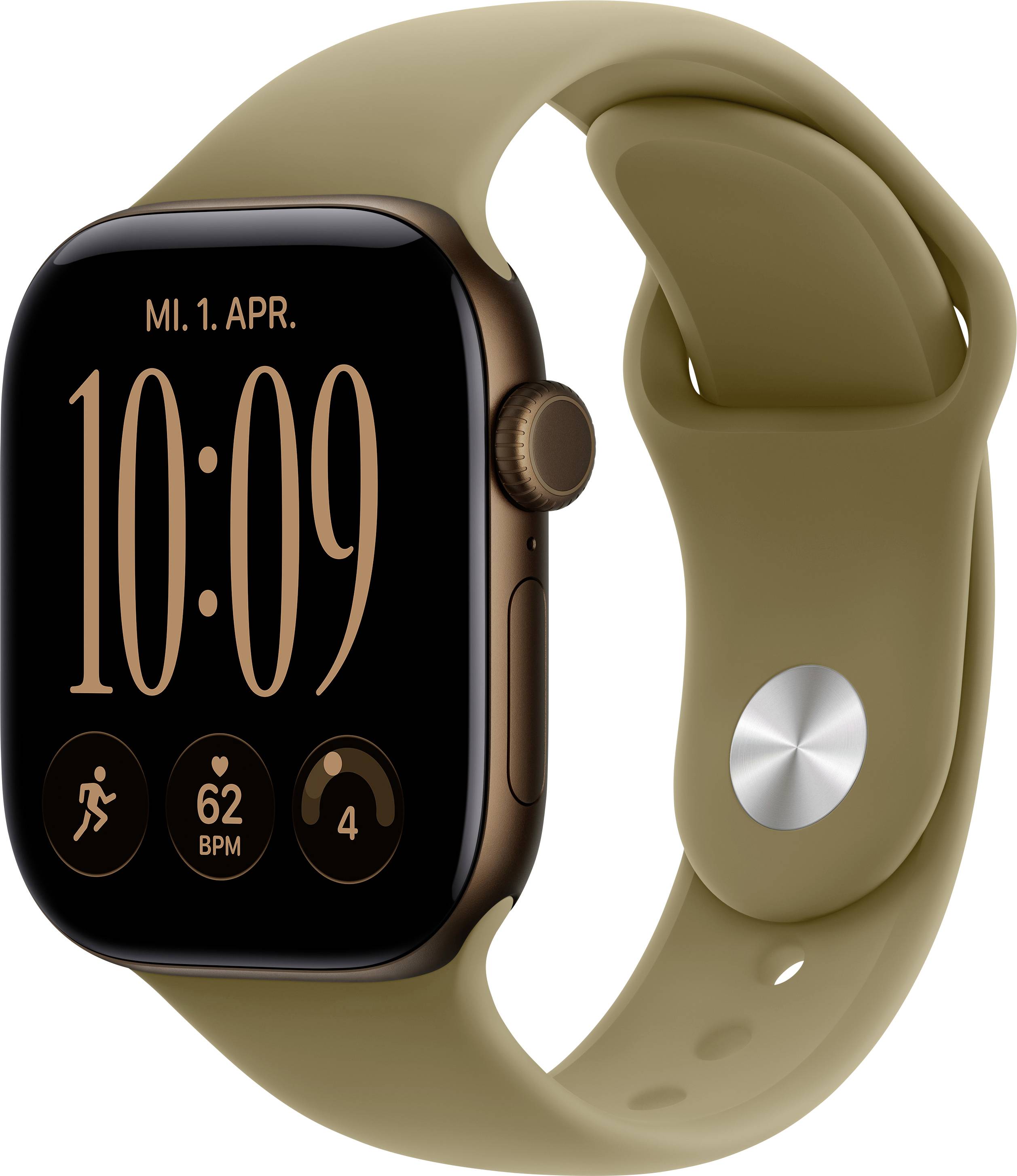 Apple Watch présentée de face et de profil avec bracelet sport tan, l'écran affichant « MI. 1. APR. », 10:09, 62 BPM et des icônes d'activité.