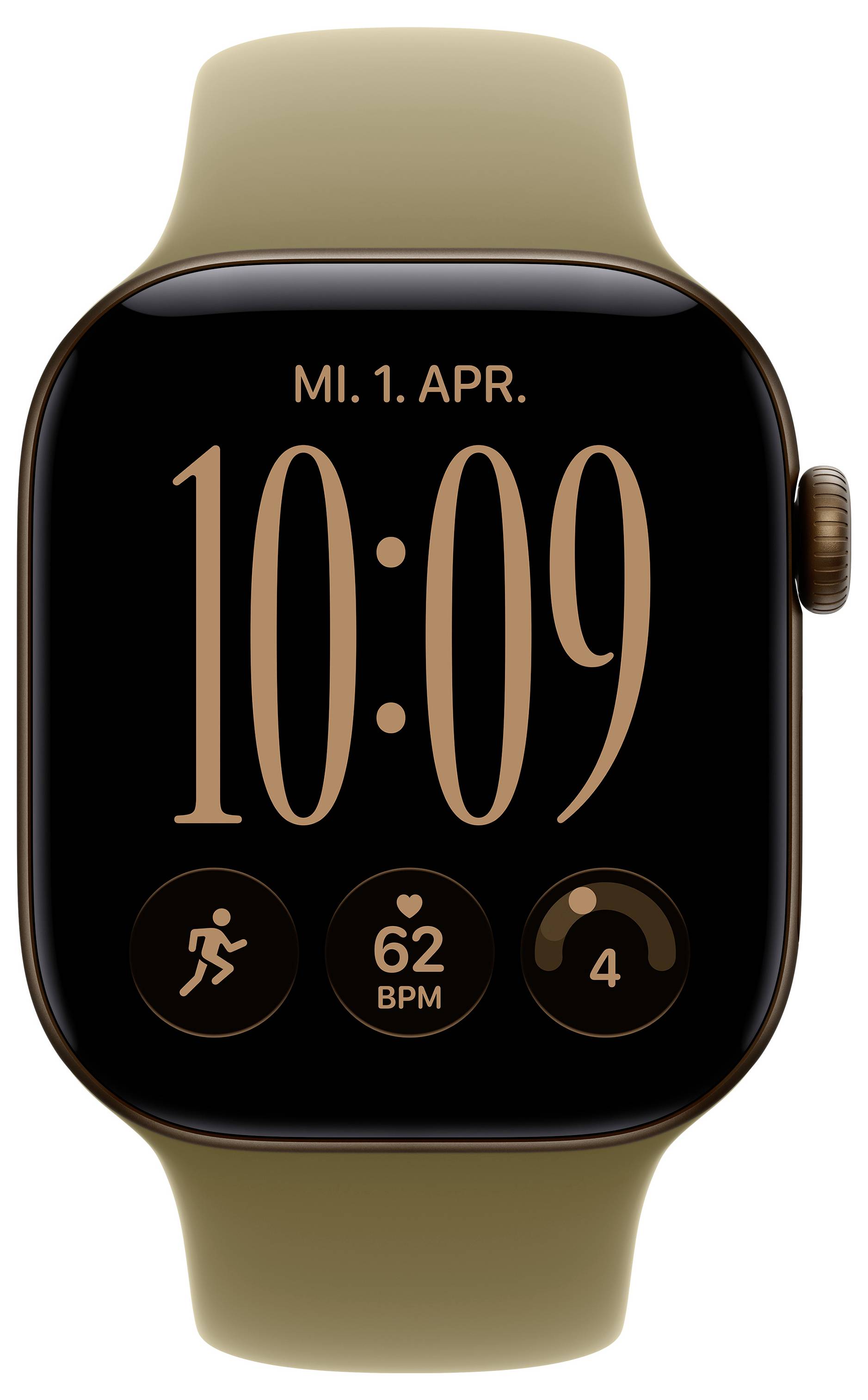 Apple Watch avec bracelet couleur tan affichant le cadran de la montre, la date « MI. 1. APR. » et l'heure 10:09, plus l'activité, la fréquence cardiaque 62 BPM, et le compte des anneaux 4 icônes.