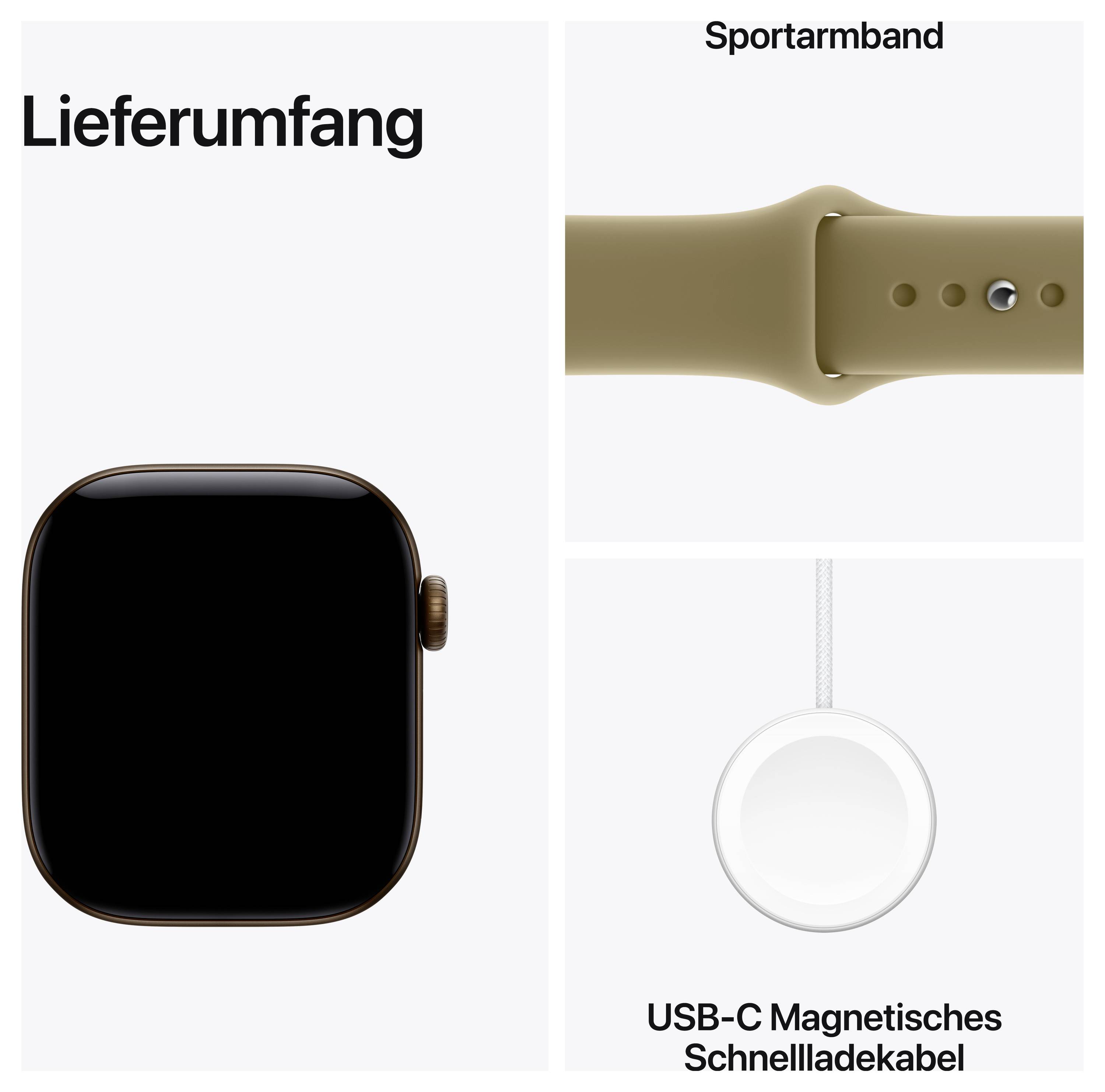 Contenu de la livraison : Montre connectée, bracelet de sport et câble de charge rapide magnétique USB-C.