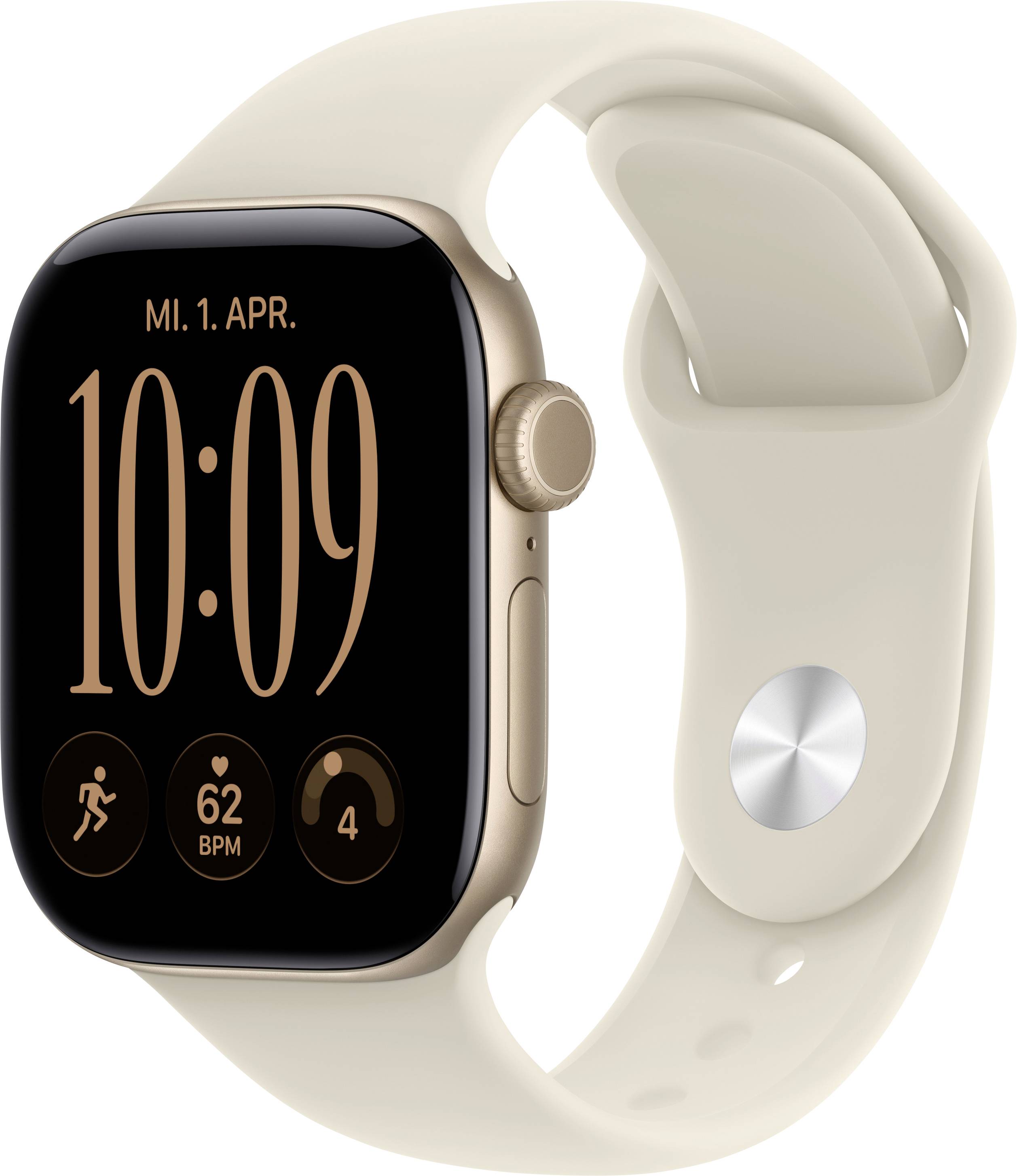 Montre Apple Watch beige avec boîtier doré affichant 10h09, mardi 1er avril, et des complications de remise en forme sur un fond clair.