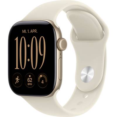 Montre Apple Watch beige avec boîtier doré affichant 10h09, mardi 1er avril, et des complications de remise en forme sur un fond clair.