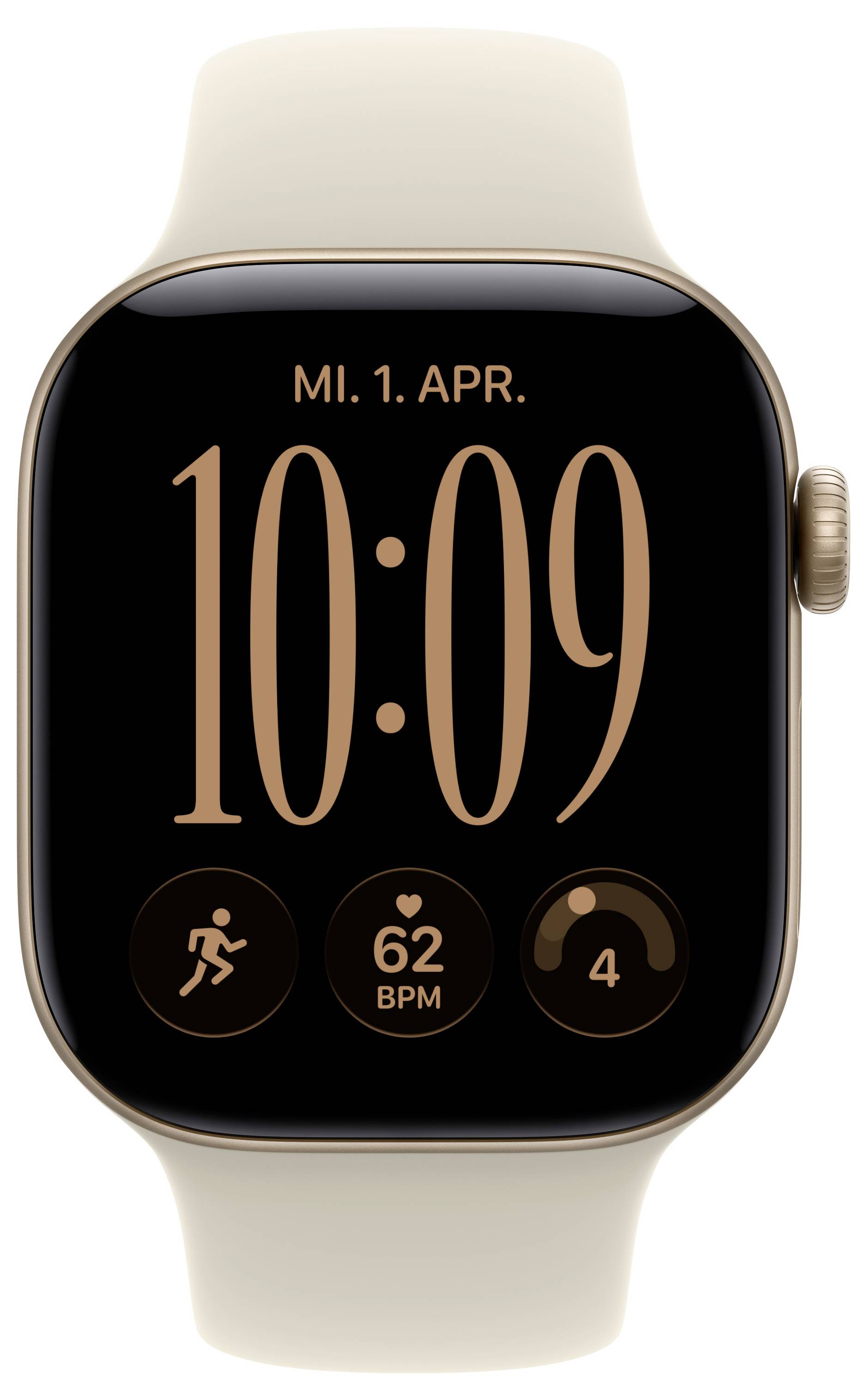 Montre Apple Watch en or avec bracelet beige affichant 10:09, date « MI. 1. APR. », et icônes d'entraînement, fréquence cardiaque 62 BPM, et d'activité.