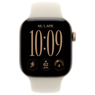 Montre Apple Watch en or avec bracelet beige affichant 10:09, date « MI. 1. APR. », et icônes d'entraînement, fréquence cardiaque 62 BPM, et d'activité.